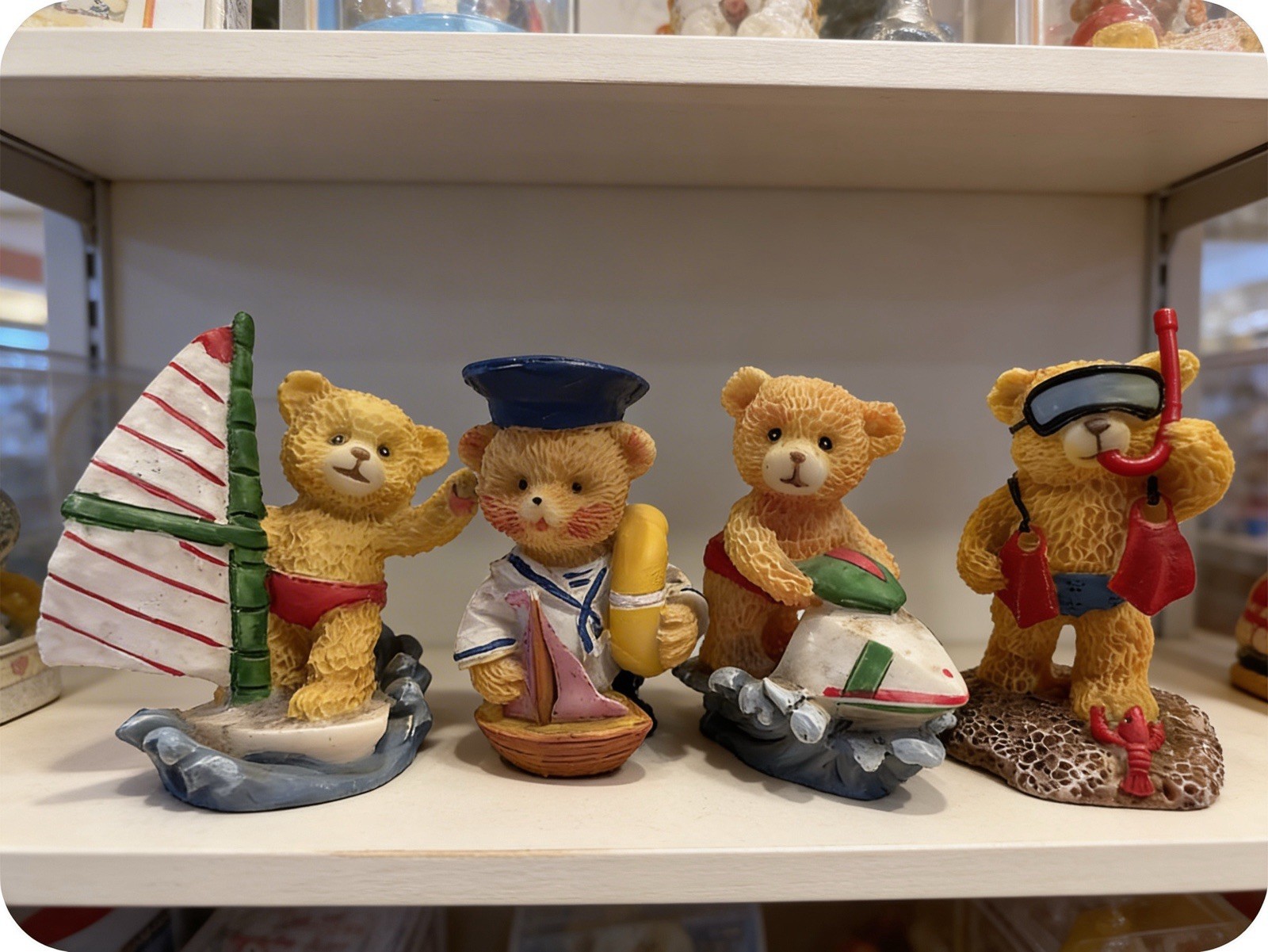 Adorable 4 Piece Set Of Vintage Ceramic Teddy Bears Fun At The Beach Day !