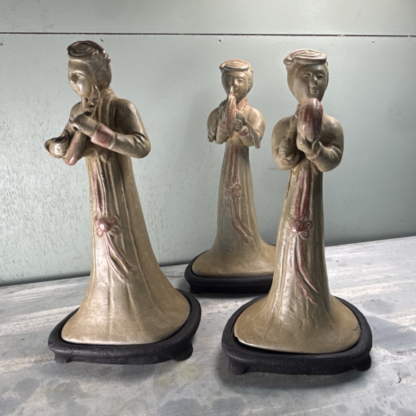 Vintage Chinese Clay Sculpture Set of 3 with Stands 20th Century