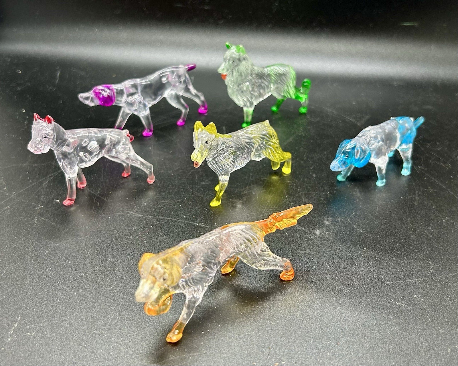 Lot Of 6 Lucite Acrylic Dogs, 1970’s Carnival Prize Boxer Pointer Collie Hound