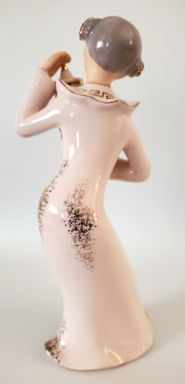 VINTAGE FEMALE ASIAN FIGURINE PINK GOLD TRIM AND RHINESTONES