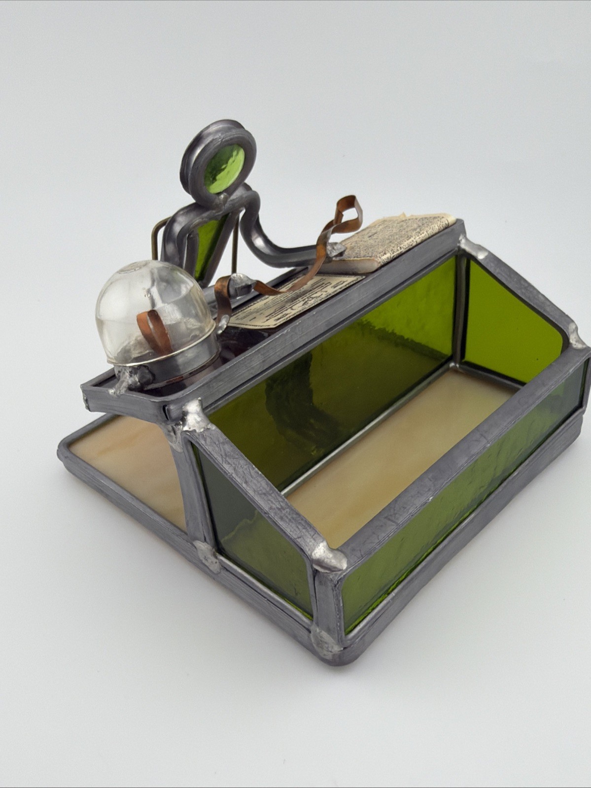 Vintage Handmade Stained Glass Desk Organizer Attributed to Carl Goeller Style