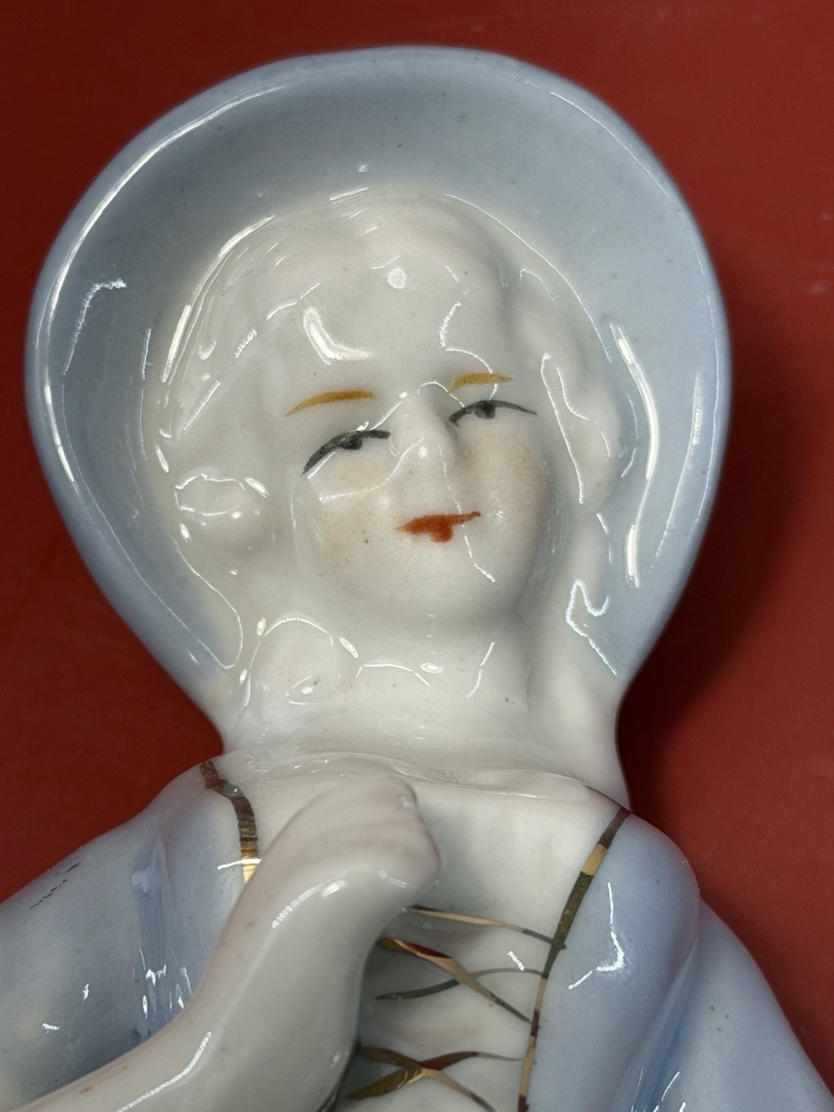 Vintage Fine Porcelain Lady With Dog Figurine Blue White And Gold 8”