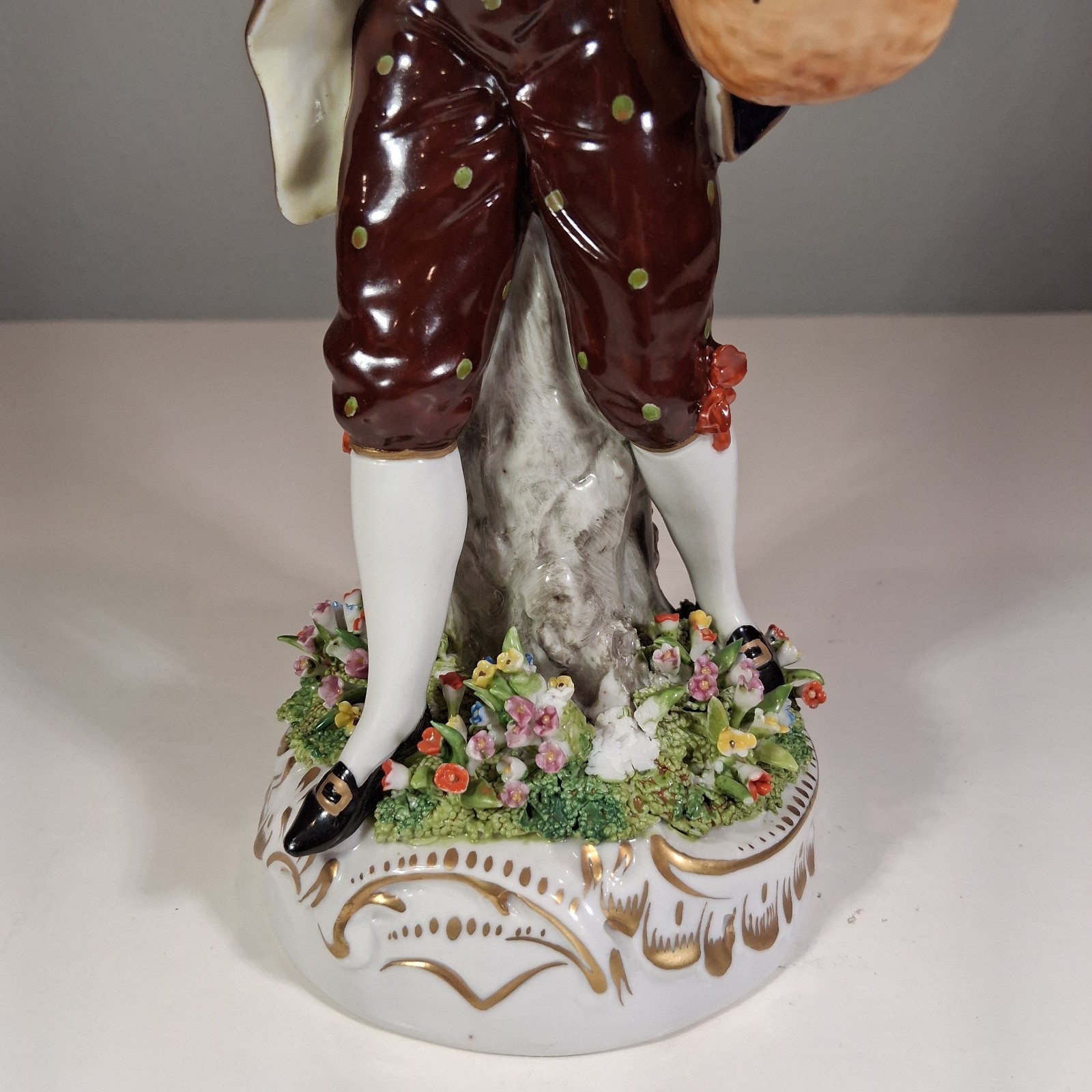 Antique Sitzendorf German Porcelain Flower Seller Figurine – Blue Crown over “S”