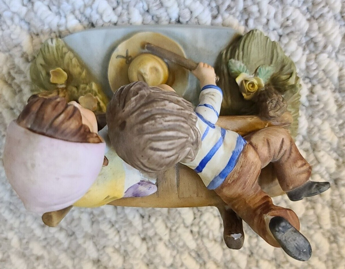 Figurine Artmark Porcelain Boy and Girl On Bridge Hat In Stream Creek
