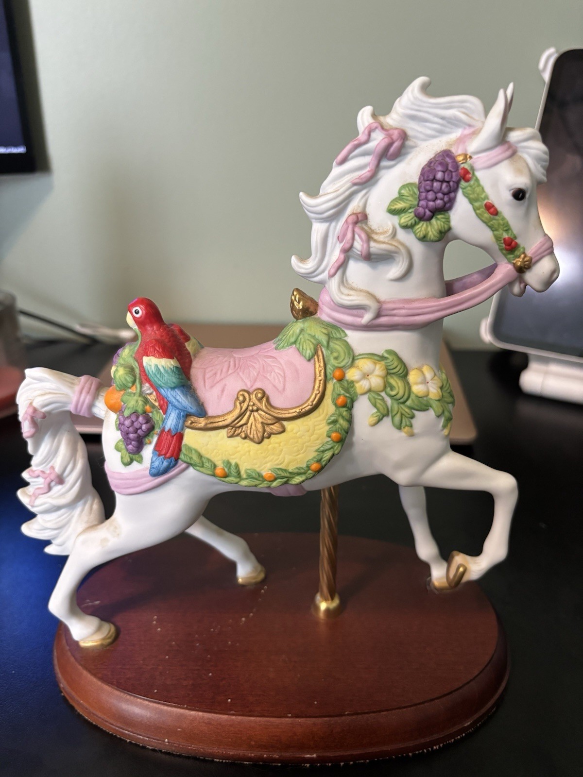 Lenox Carousel Porcelain Horse/Tropical Parrot Gold Trim Wood Pedestal Base 1992