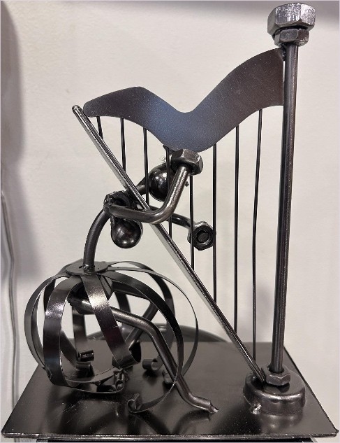 Handcrafted Metal Musician with Harp Figurine