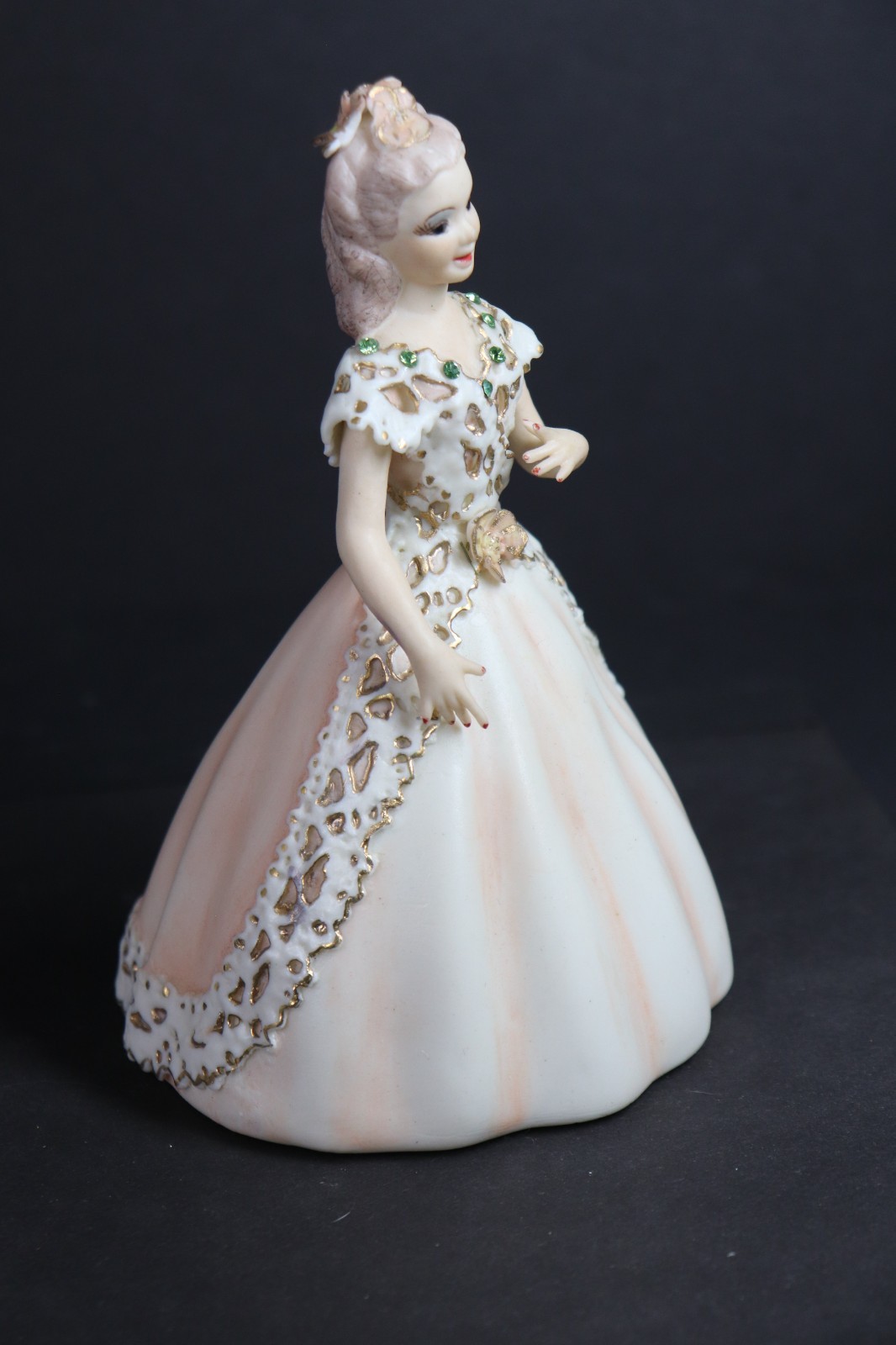 VTG Porcelain Lady Figurine Pink White Dress Rhinestones Japan 7″