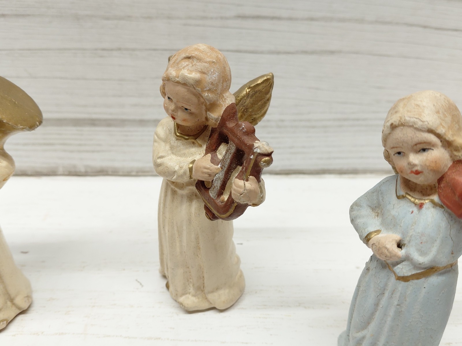 Vintage Set of 6 Angels Playing Instruments Resin? Made in Germany US Zone AS IS