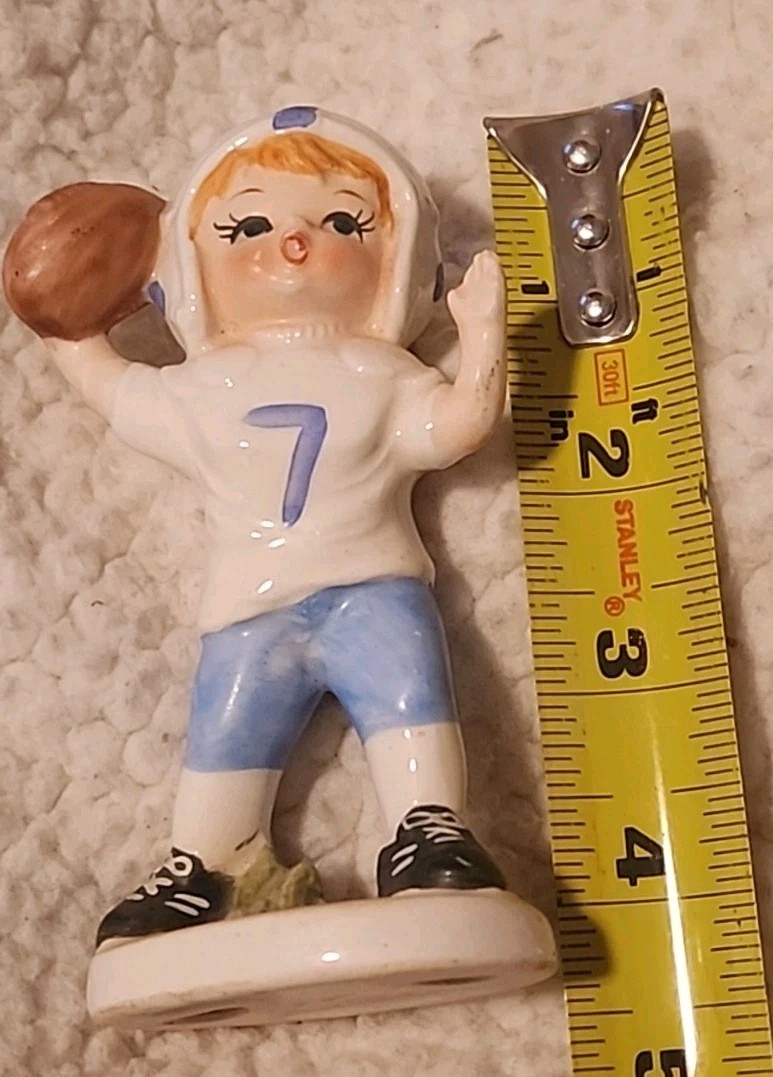 Vintage Norcrest Football Player Boy Figurine White Blue Uniform Japan 4 3/4” FP