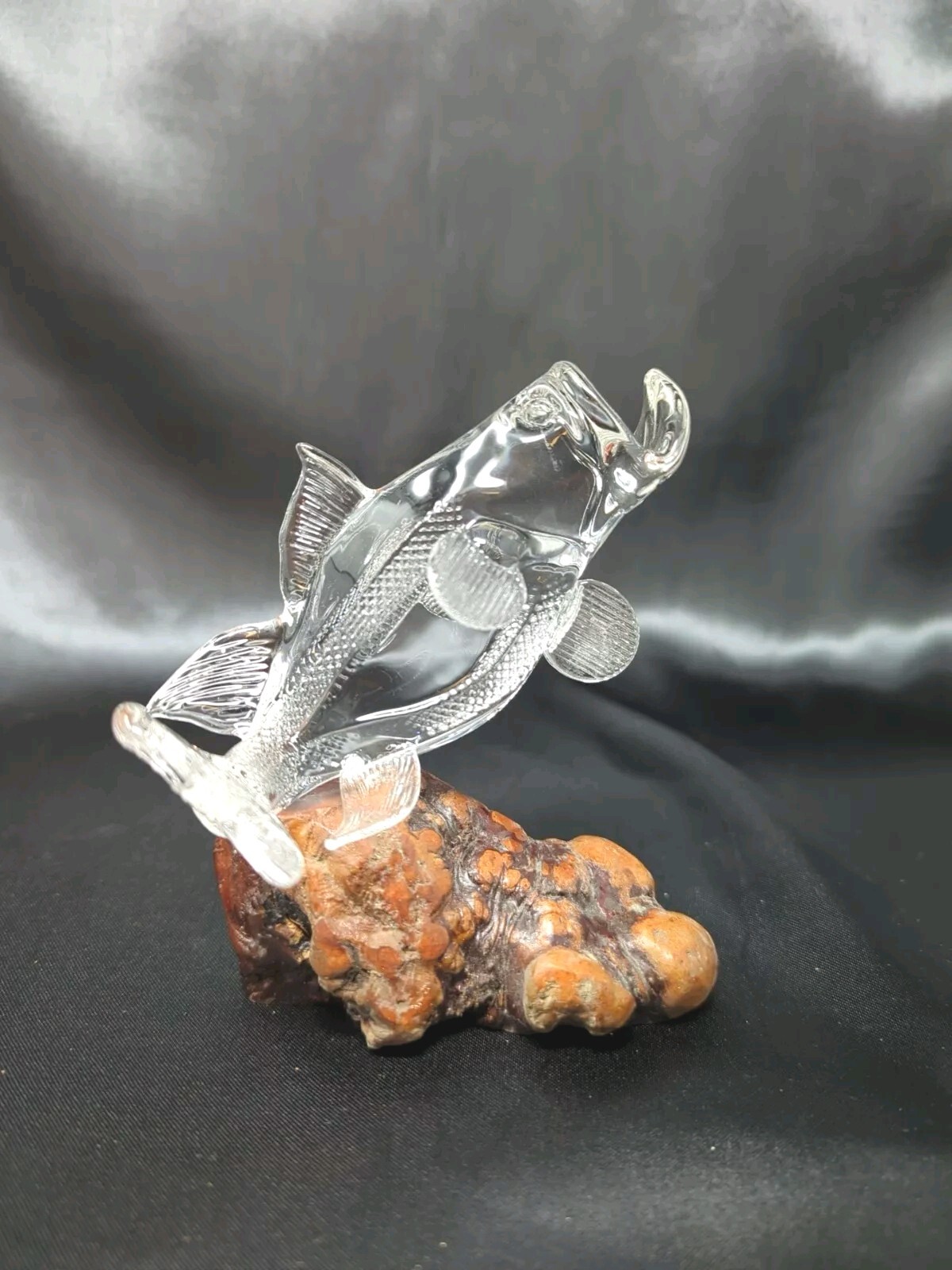 Large Glass Bass Fish Figurine On Wood Burl Clear Glass Figure Fishing