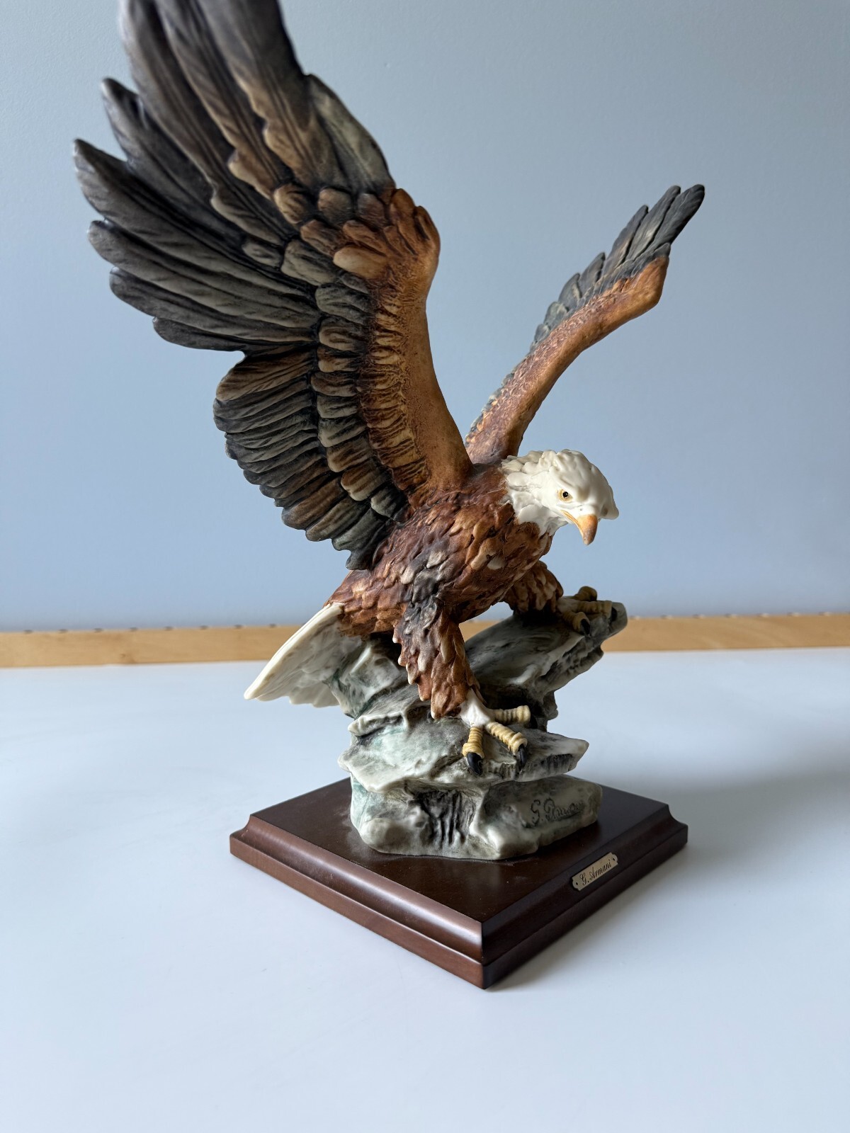 G. Armani Capodimonte Signed Eagle Landing On A Rock Statue w/ Wood Base