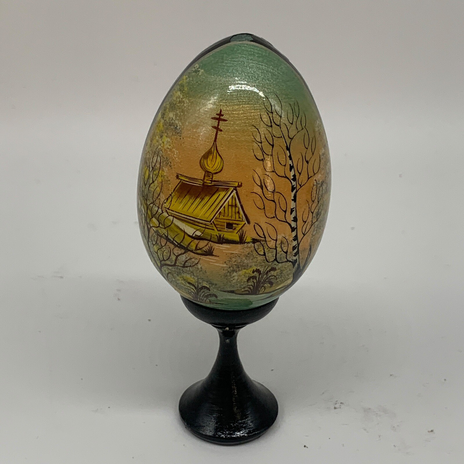 Russian? Hand Painted Wood Egg w/Stand House Landscape w/Damage