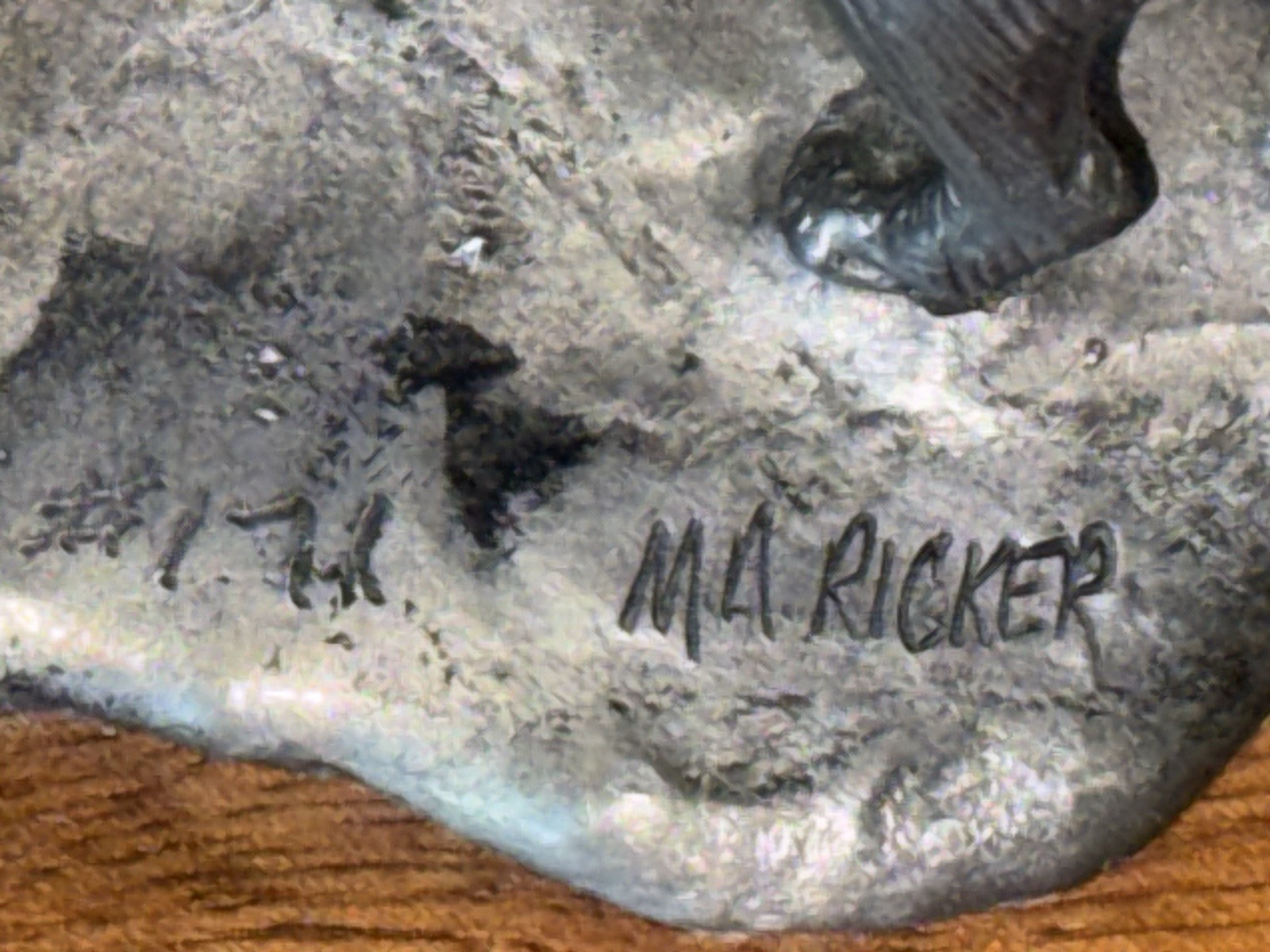Michael Ricker Pewter Mama Cat Playing w Kitten on Wooden Base