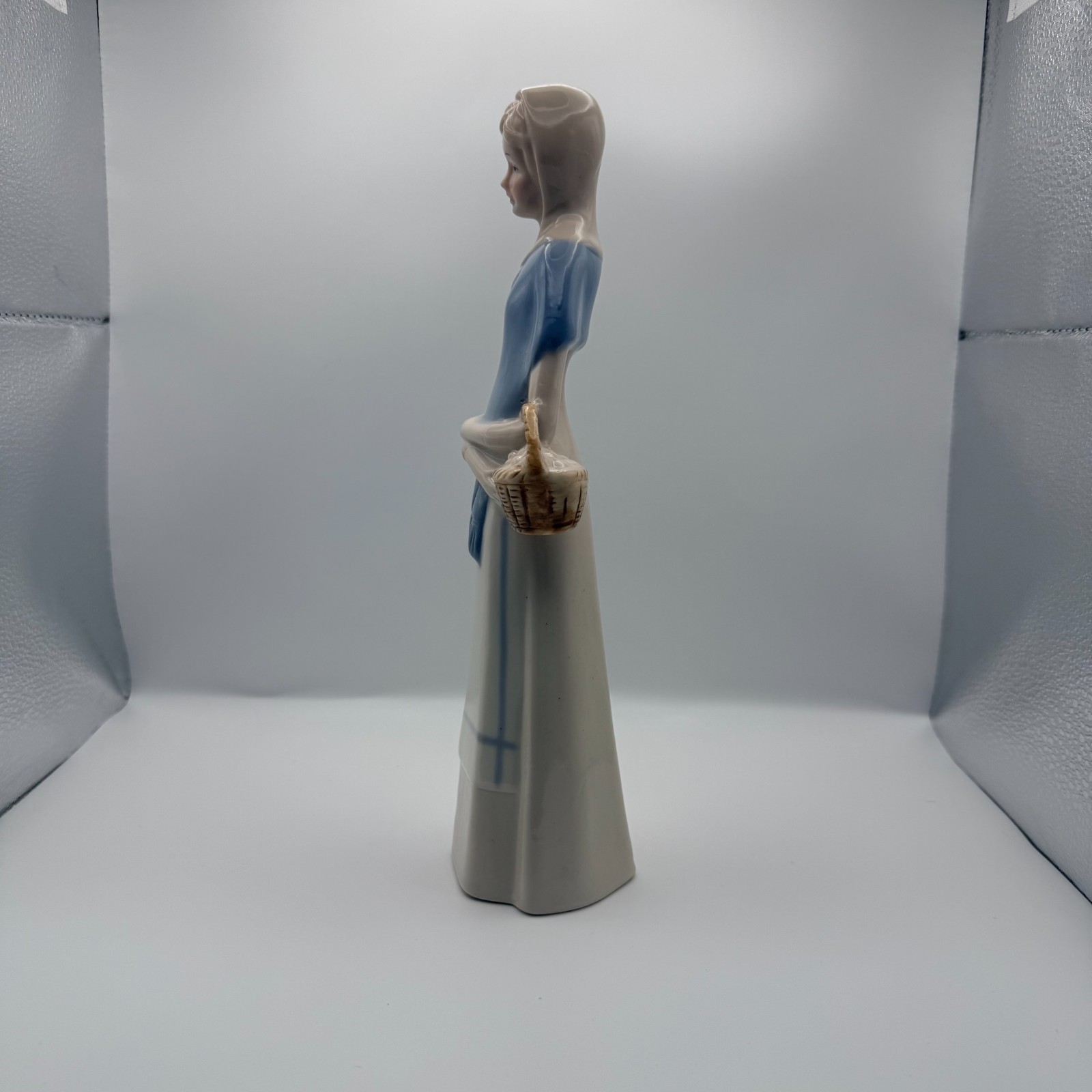 Lladro like Porcelain Figurine Lady With Basket In Hand-Vintage 10.5 in
