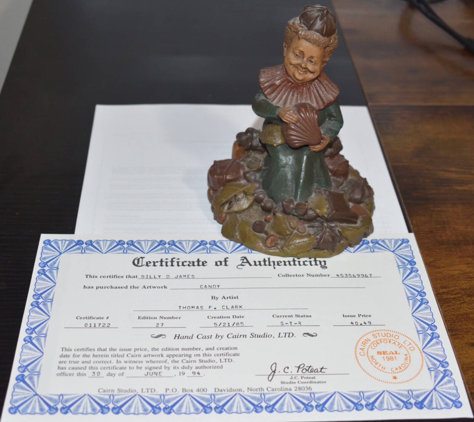 Tom Clark Gnome CANDY #27 SIGNED Certificate #11722 made in 1985