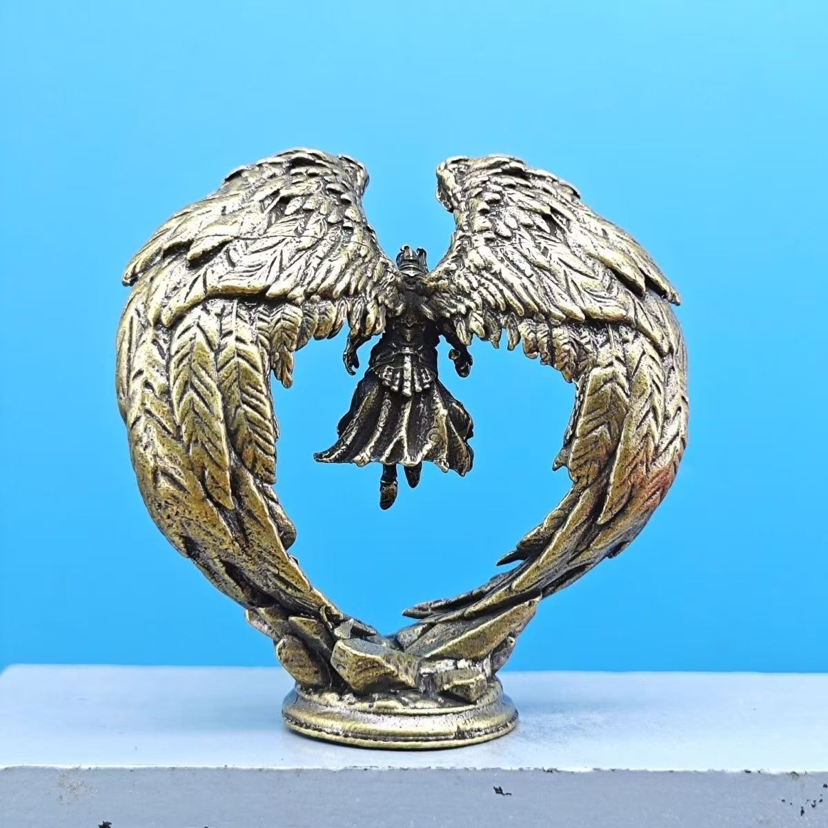 Mini Brass Winged Angel Warrior Figurine Metal Fantasy Desk Collectible