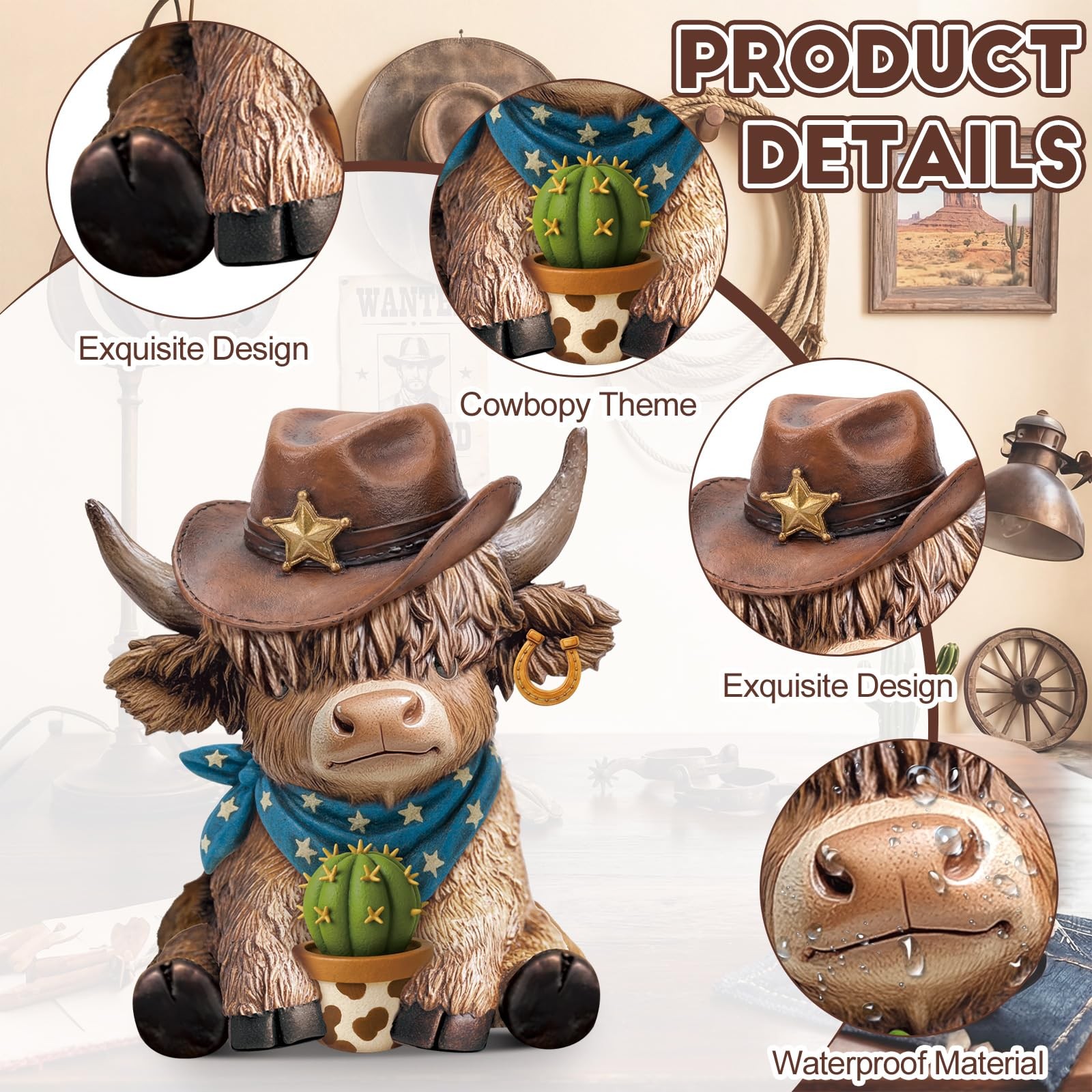2 Pcs Cowboy Highland Cow Figurines, Western Resin Statue Set for Country and…