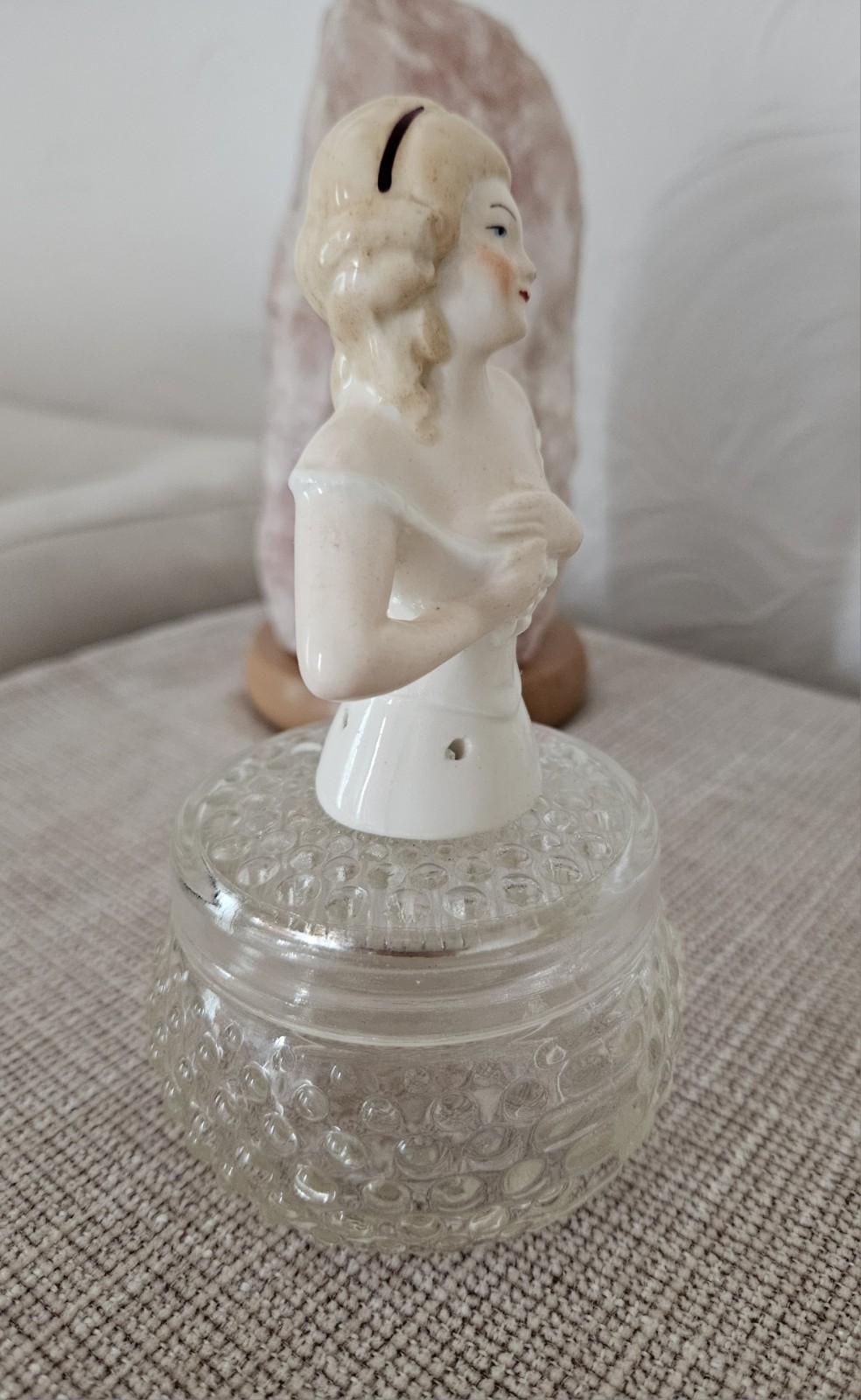 Antique German Porcelain Half Doll on Lidded Glas Jar, ca. 6.5 in