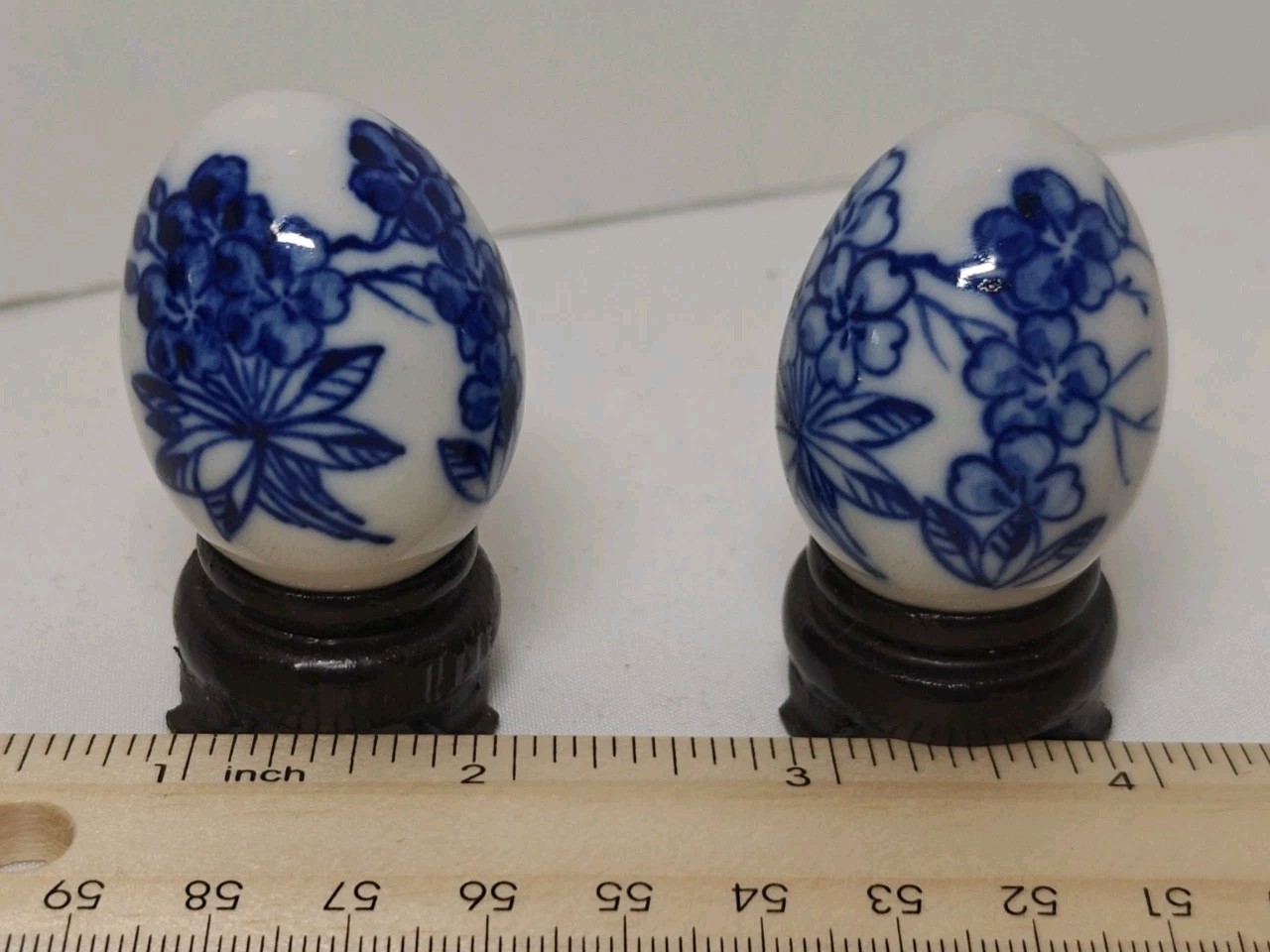 2 Mini Blue White Porcelain Eggs with Stands Chinoiserie Style Floral Decor