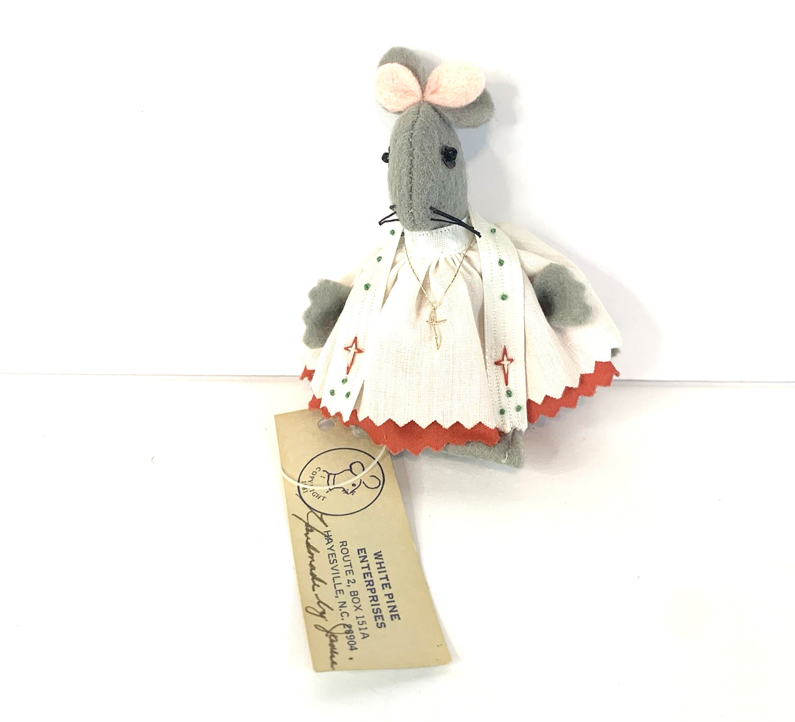 Vintage White Pine Enterprises Felt Mouse Vicar Cross Necklace 1980s Handmade