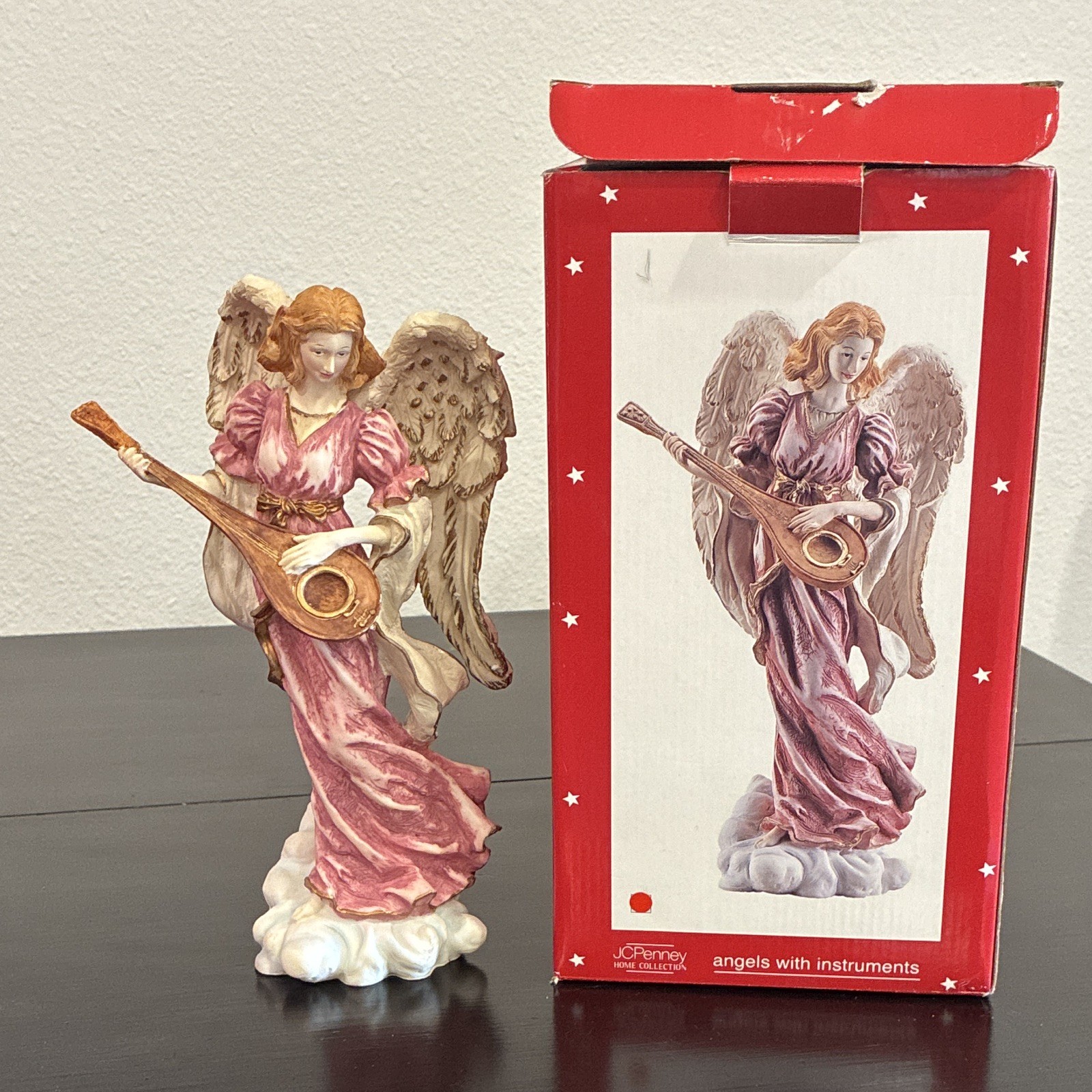 Angel with Instrument 9.5” Figurine Pink/White/Gold with box