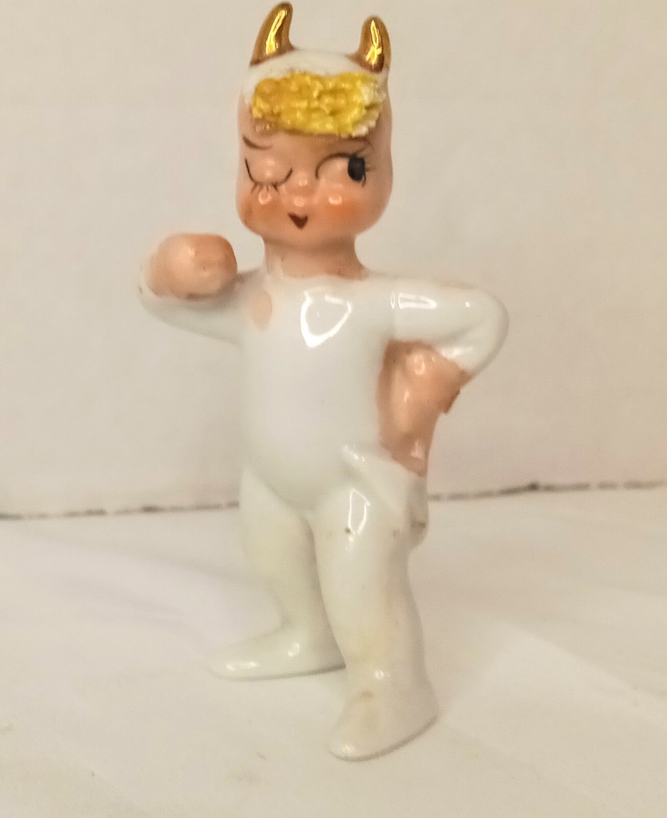 Lefton Vintage Lil Devil Standing Winking Spaghetti Hair 1950’s NO Pitchfork