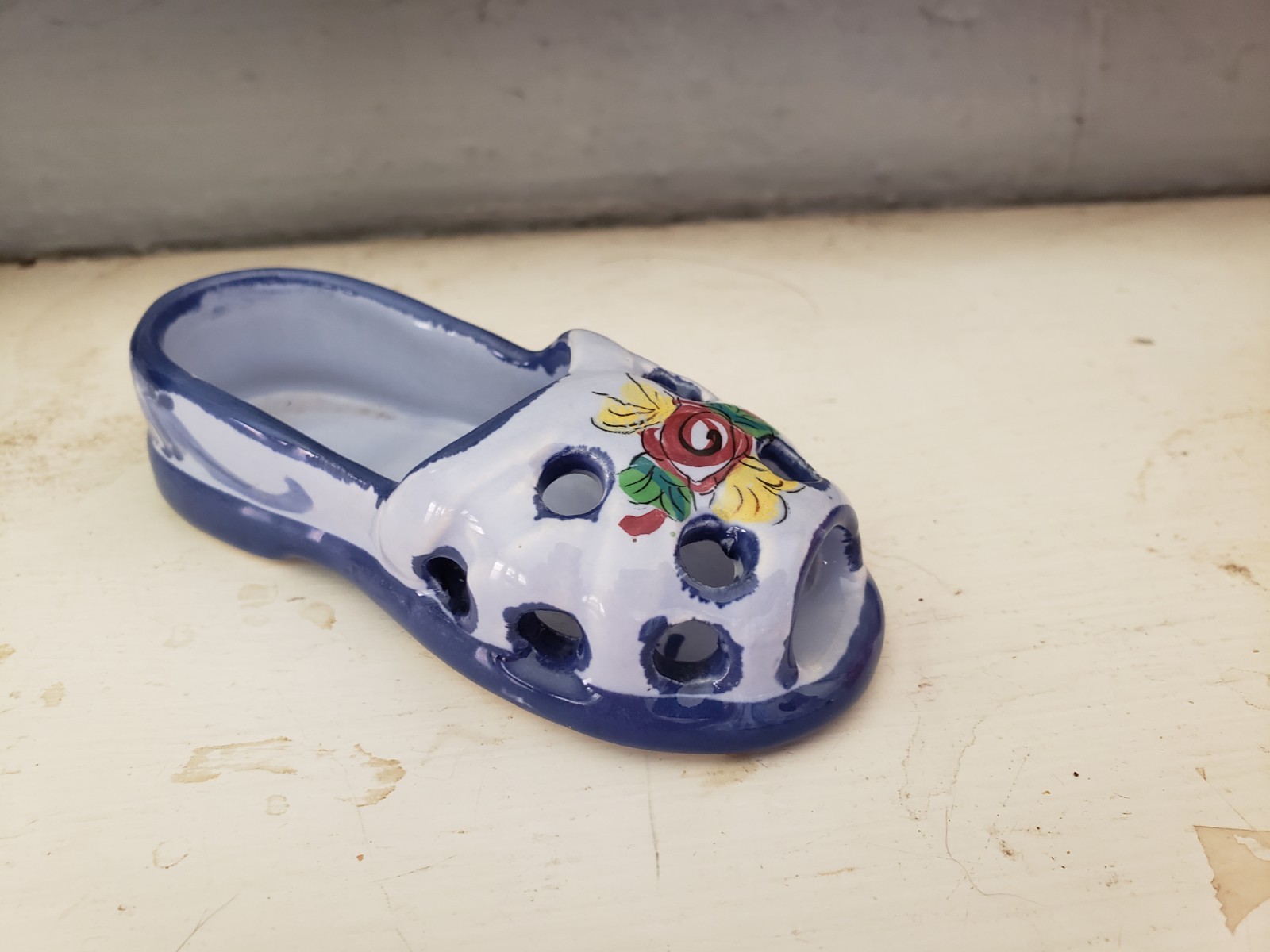 Vintage Handpainted Mini Porcelain Shoe/sandal, Blue Floral. Made In Portugal