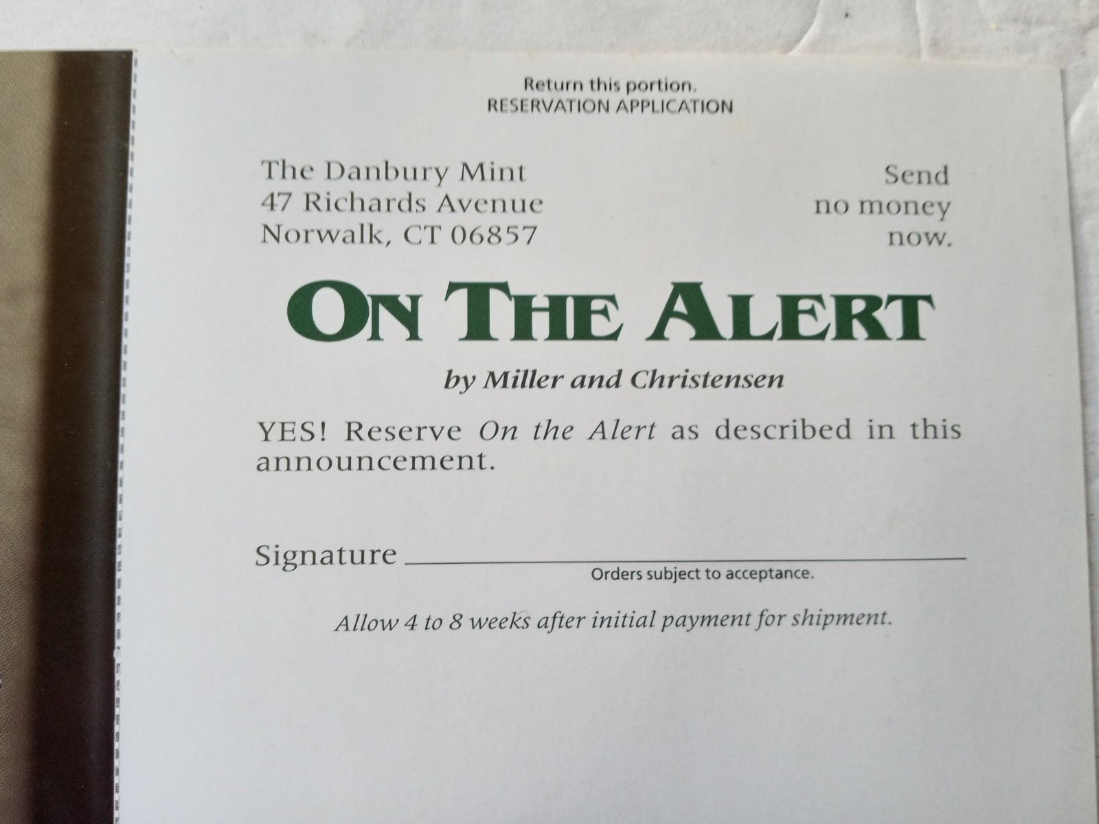 Danbury Mint “ON THE ALERT” Whitetail Deer Unused RESERVATION APPLICATION Form