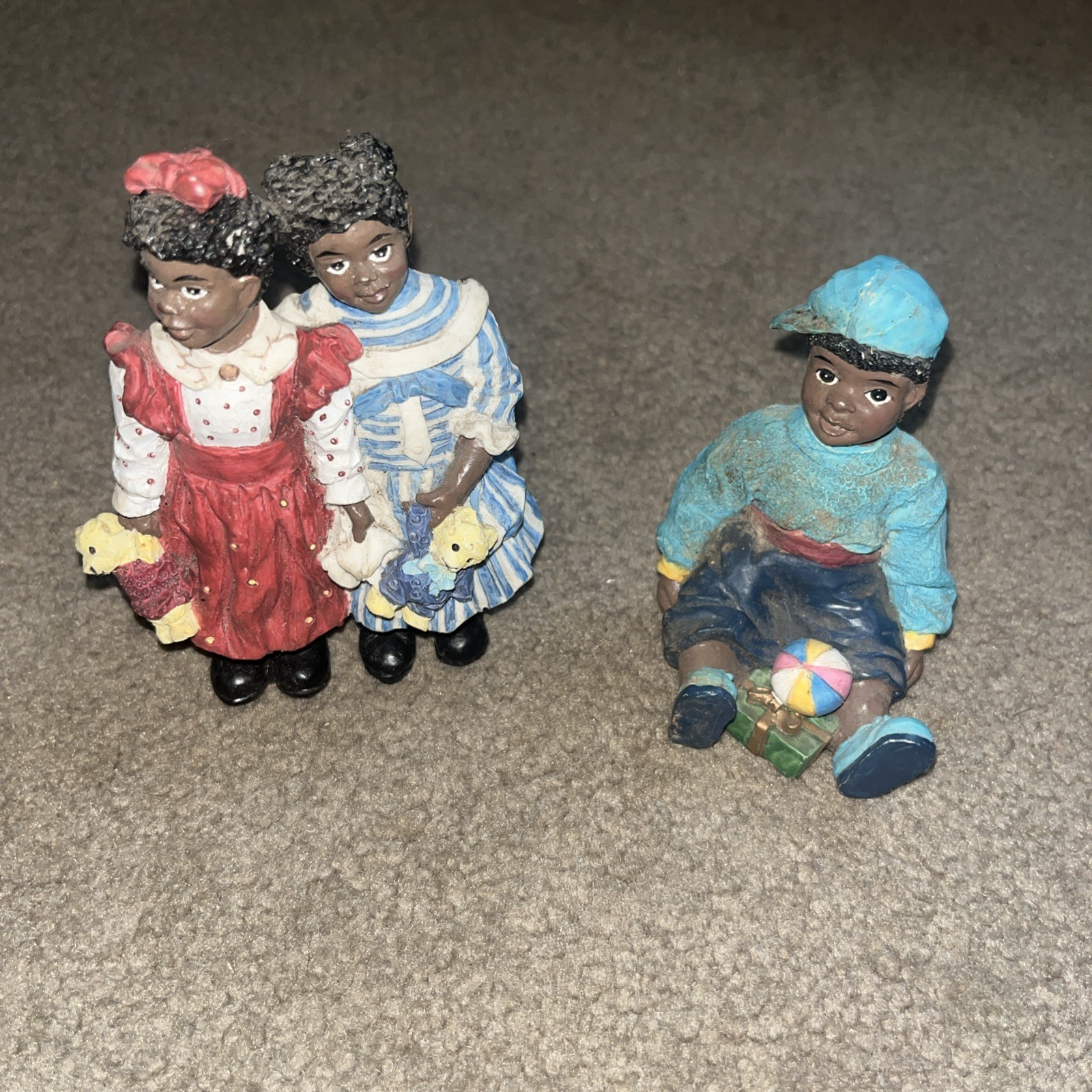 Vintage Folk Art Figurine Lot Of 3 China Resin Hand Painted Rustic Rare
