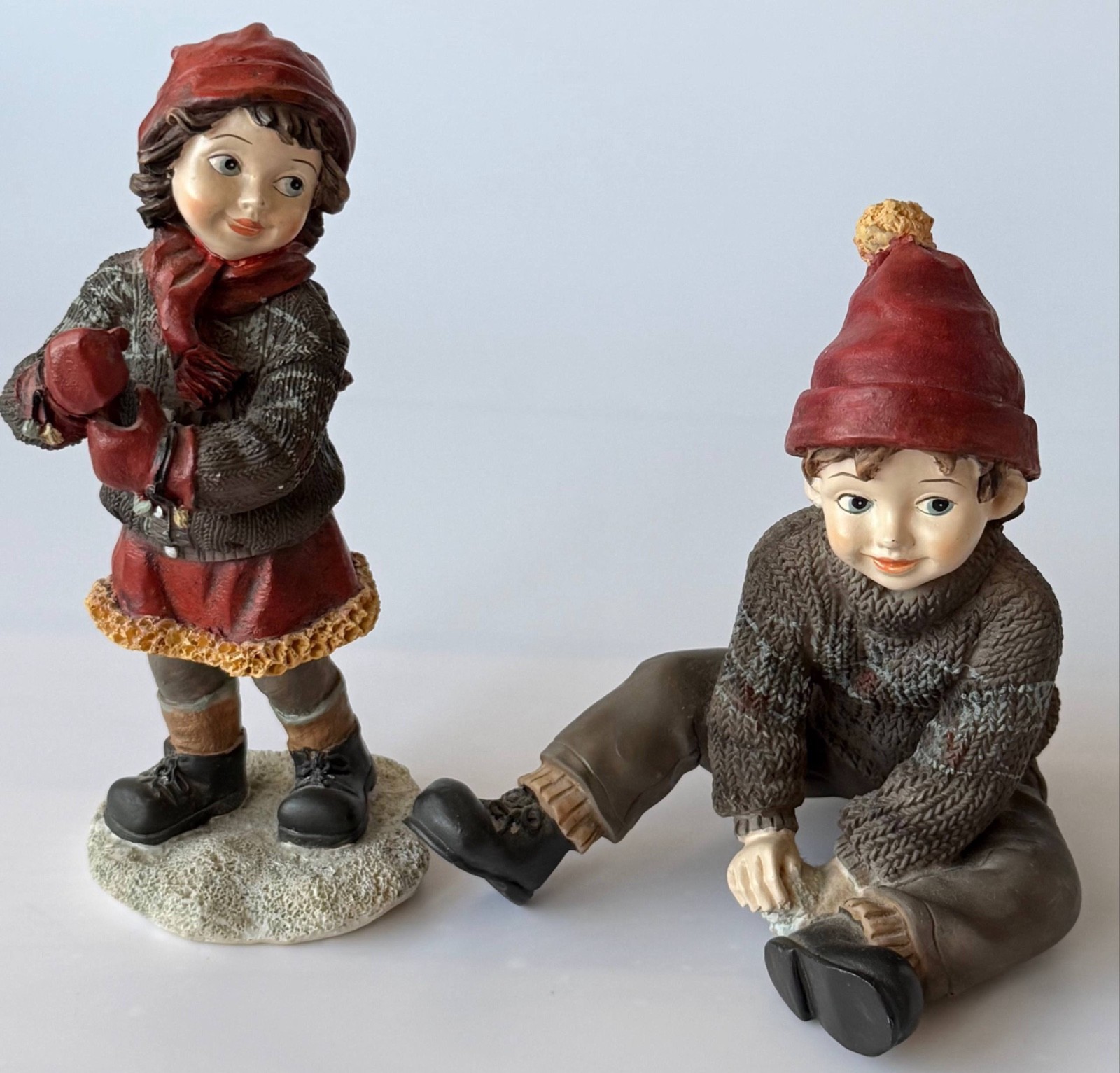 Vintage Winter Boy & Girl Figurines Set Kids in Knitted Sweaters 6″ & 5″
