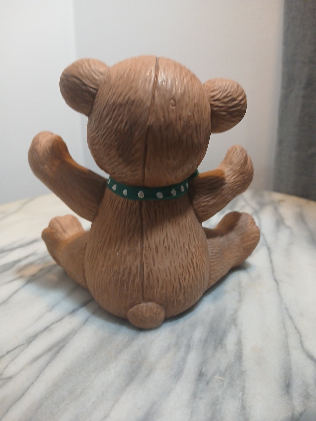 Ceramic Teddybear With Green And White Polkadot Bow