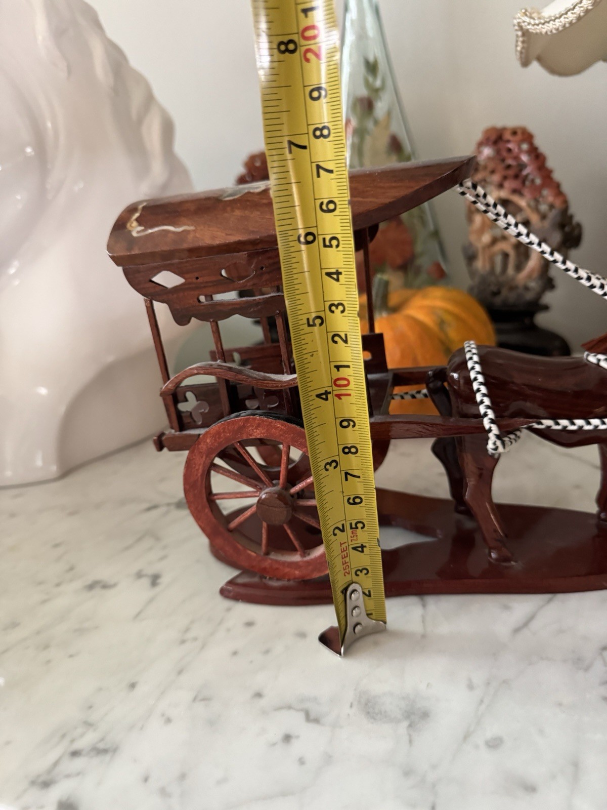 Wooden Horse Cart Vintage / Antique Handicraft Home Abalone Inlays. Floral Wood