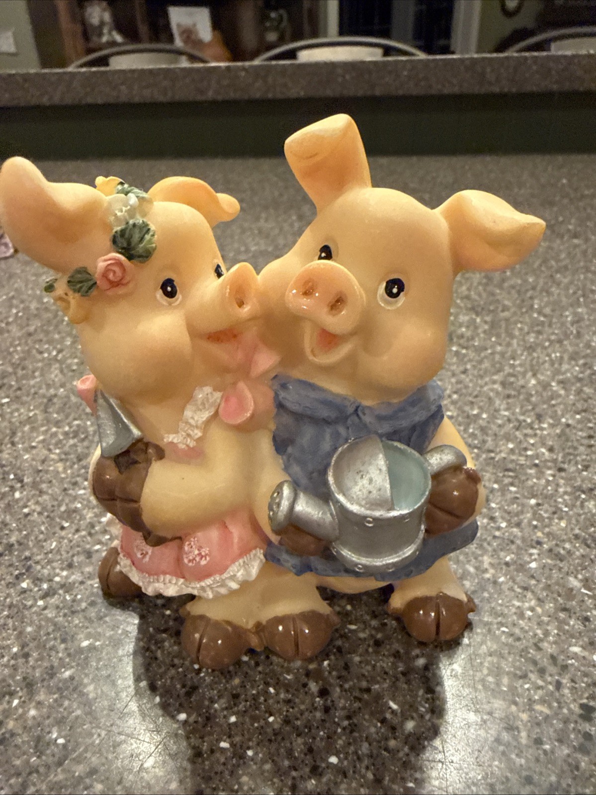 Hand Painted Resin Pig Gardening Couple Figurine Painted Finish 1990s 4”x4”