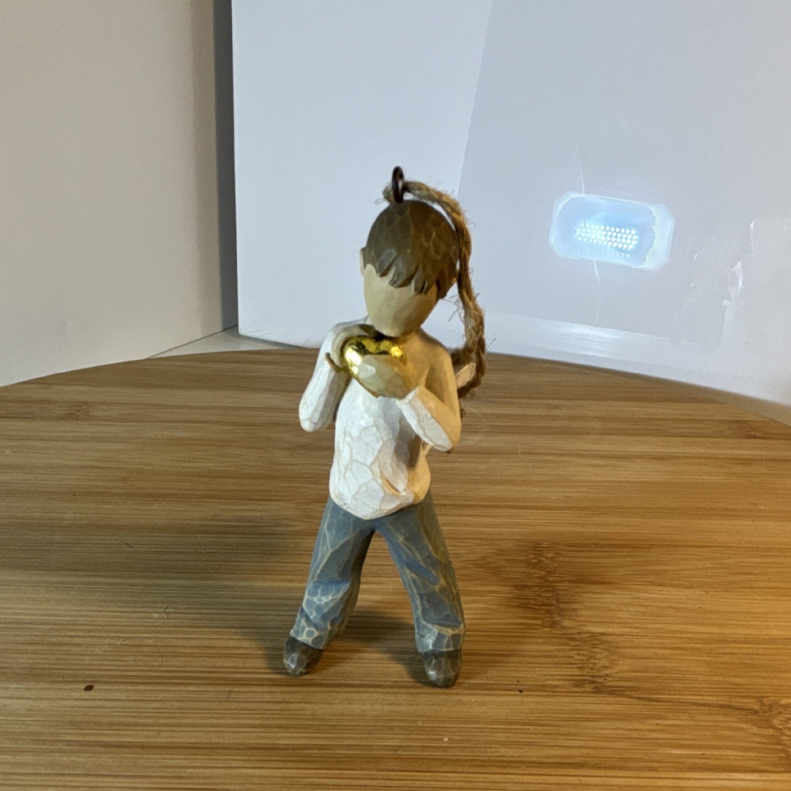 White Blue Gold Resin Figurine Person Holding Heart Hand Painted Matte Finish