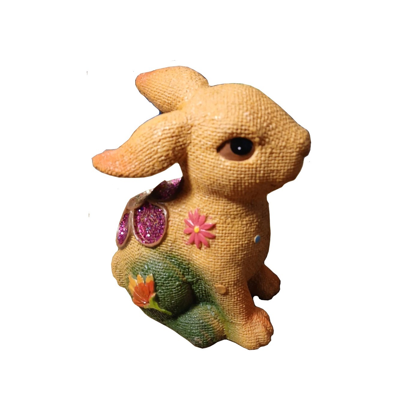 Vintage 6″ Burlap Textured Bunny Rabbit Flowers Gliiter Painted Hippie Plastic