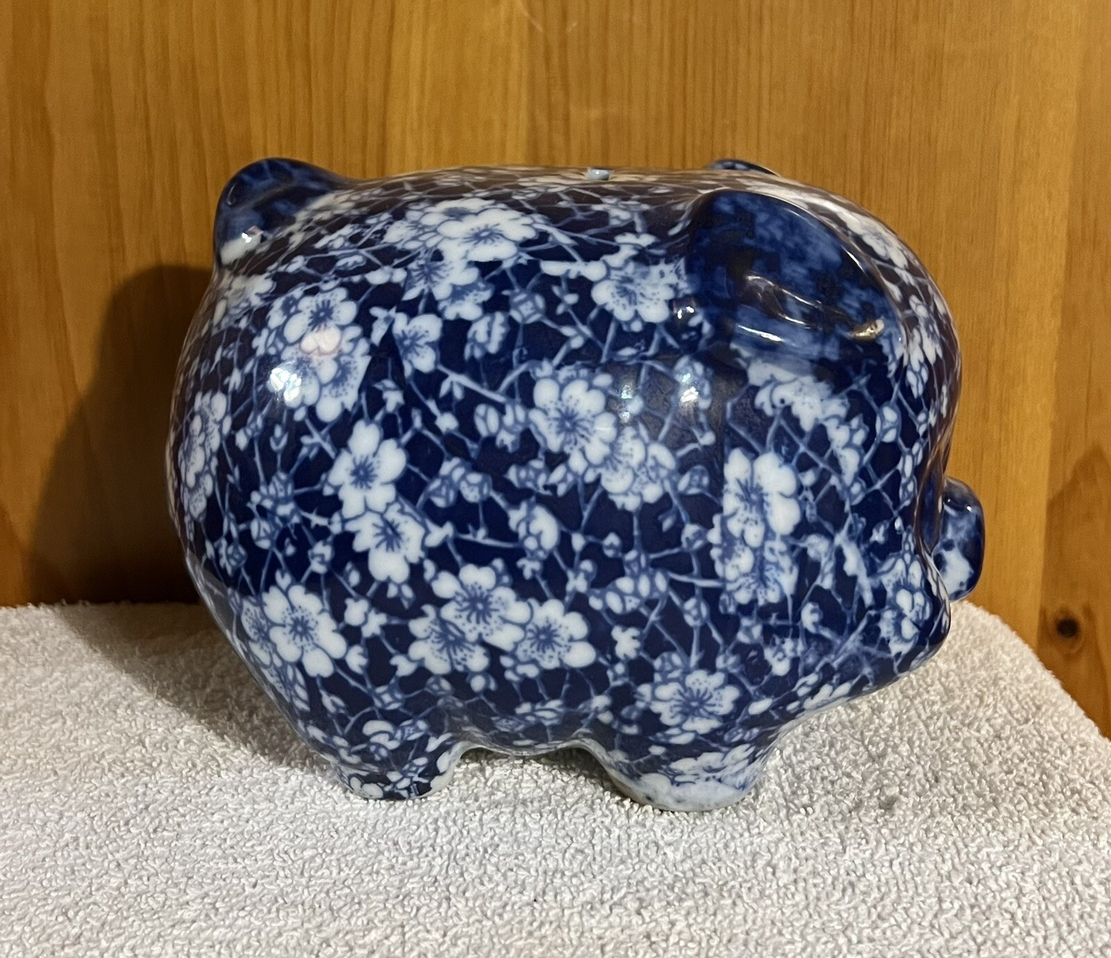Piggy Bank Blue and White Chintz Floral Ceramic No Plug Vintage