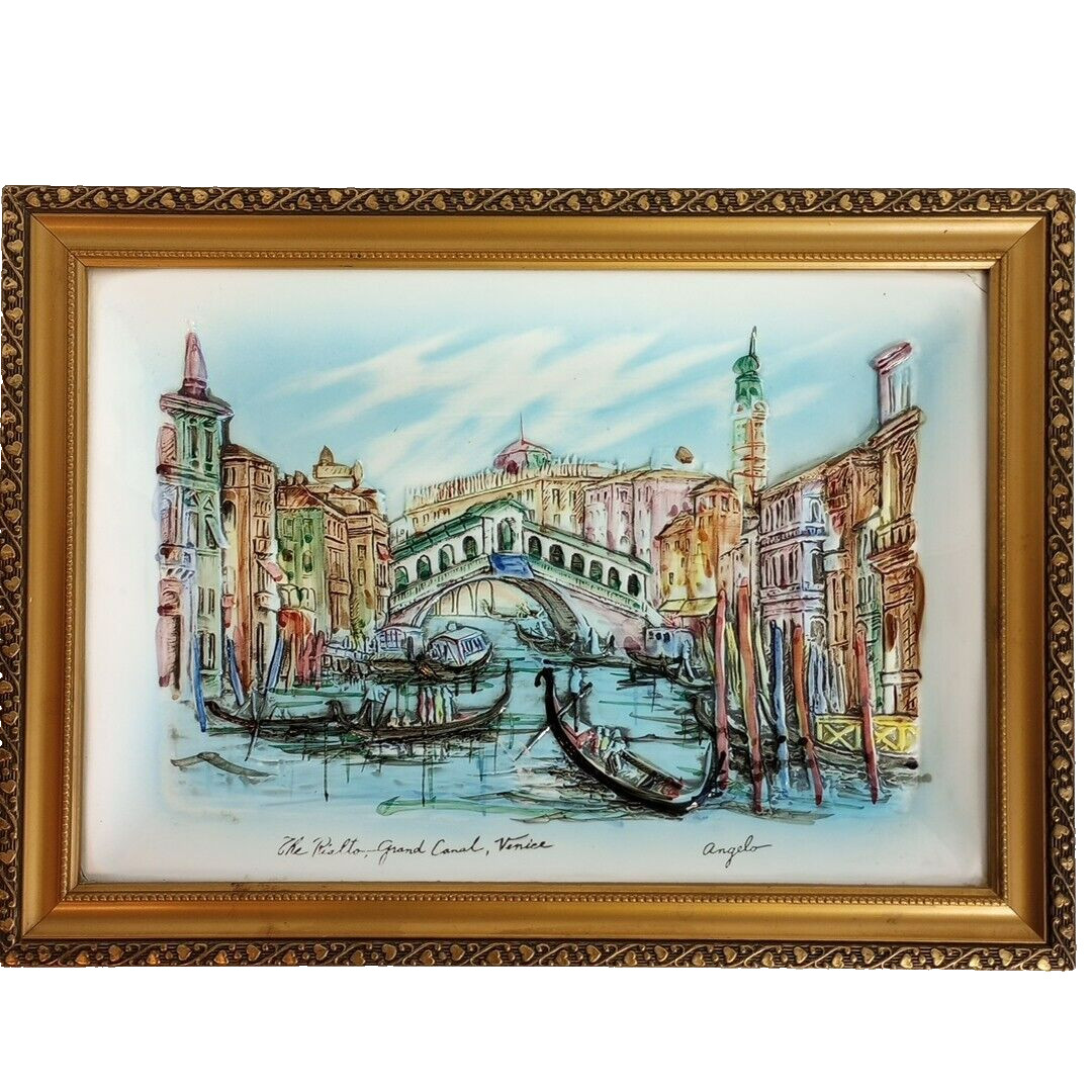 VTG Framed 3D Porcelain Painting By Angelo, RIALTO GRAND CANAL VENICE AS IS 60s