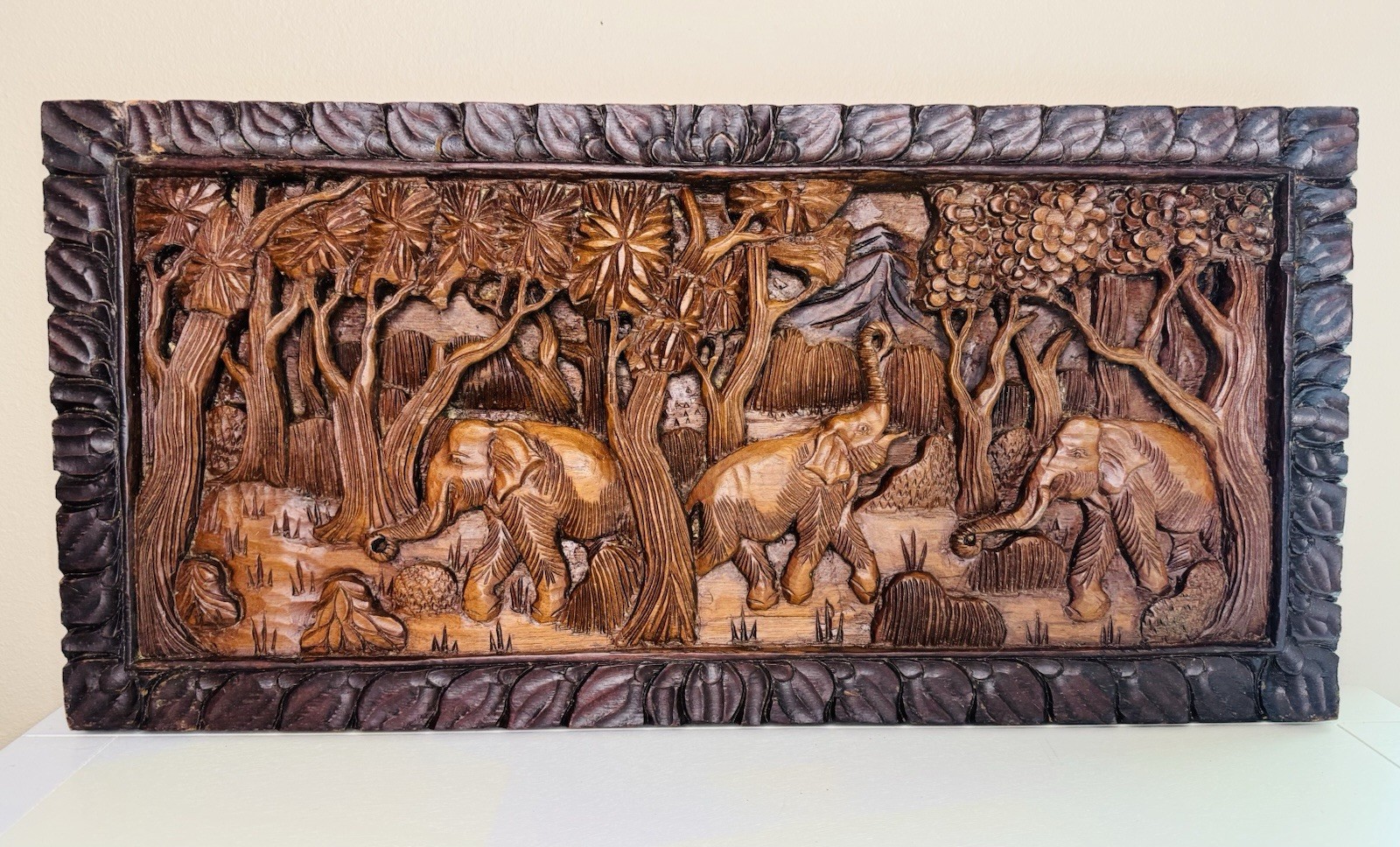 Vintage Thailand Elephants Scene Hand Carved Teak Wood Wall Hanging Art