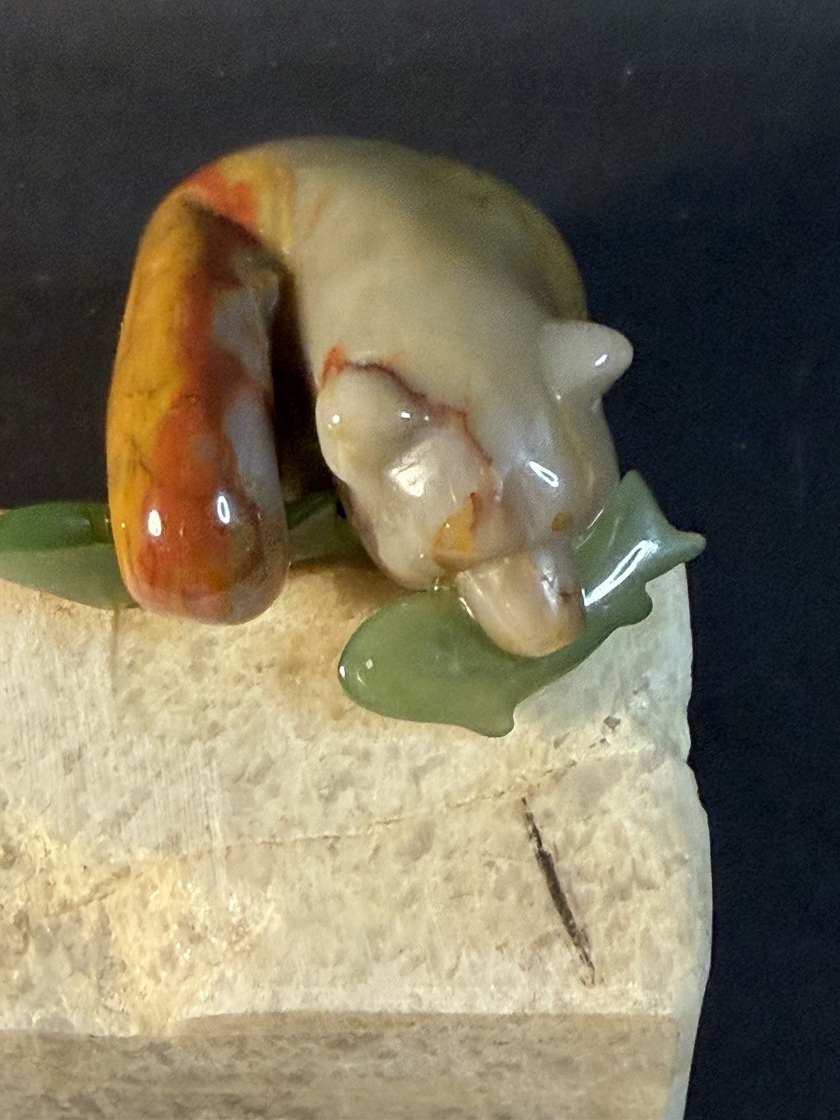 Small Carved Alabaster? Stone Bear With Fish On Stone Platform ( Crack) 3.25”