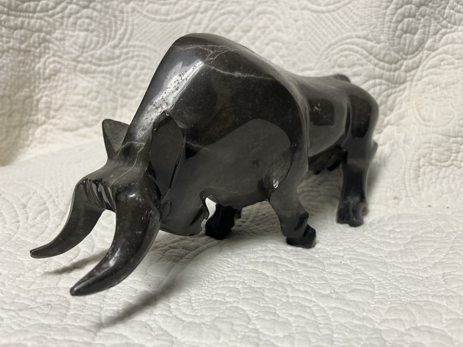Vintage Carved Marble Stone Bull Sculpture Black Figurine 10 Inch READ