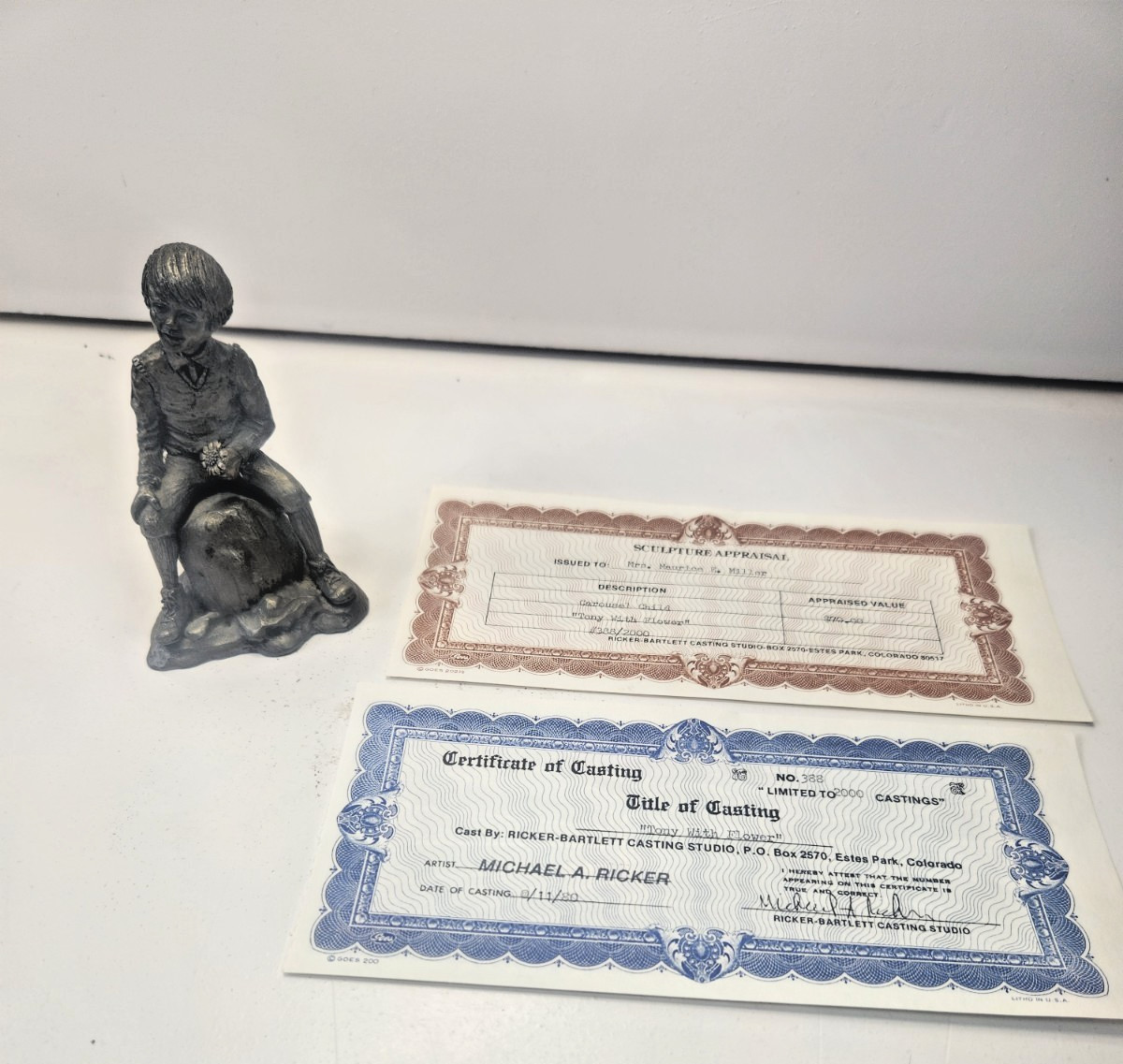VTG MICHAEL RICKER PEWTER “TONY WITH FLOWER” 1980 W PAPERS #388/2000