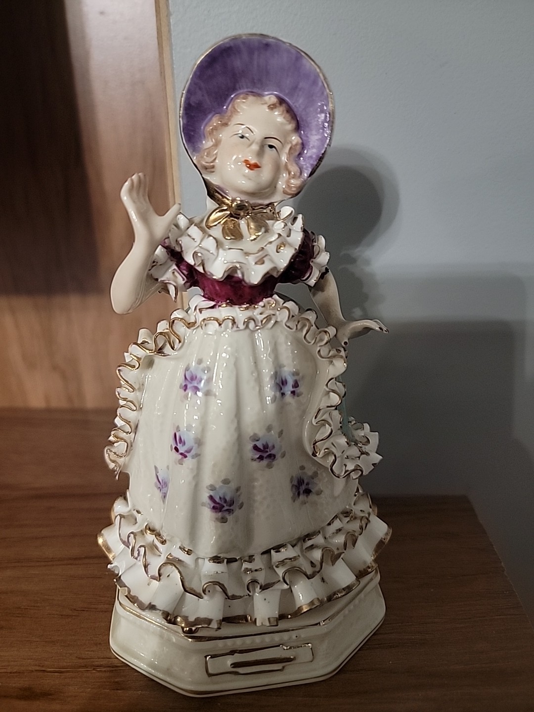 Vintage Wales Porcelain Figurine Victorian Lady in Ruffled Dress 7-1/4”H