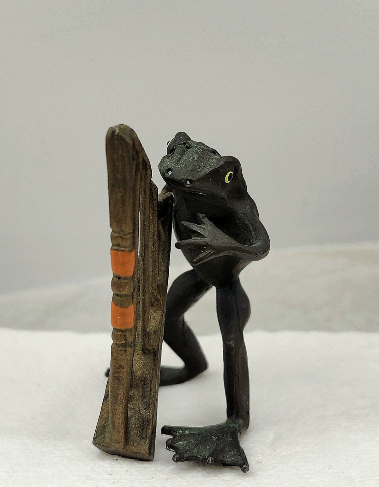 Antique Miniature Cold Painted Bronze Minstrel Frog Playing Harp