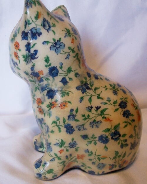Off White Colored Cat Floral Decoupage mostly Blue Figurine Statue Door Stop