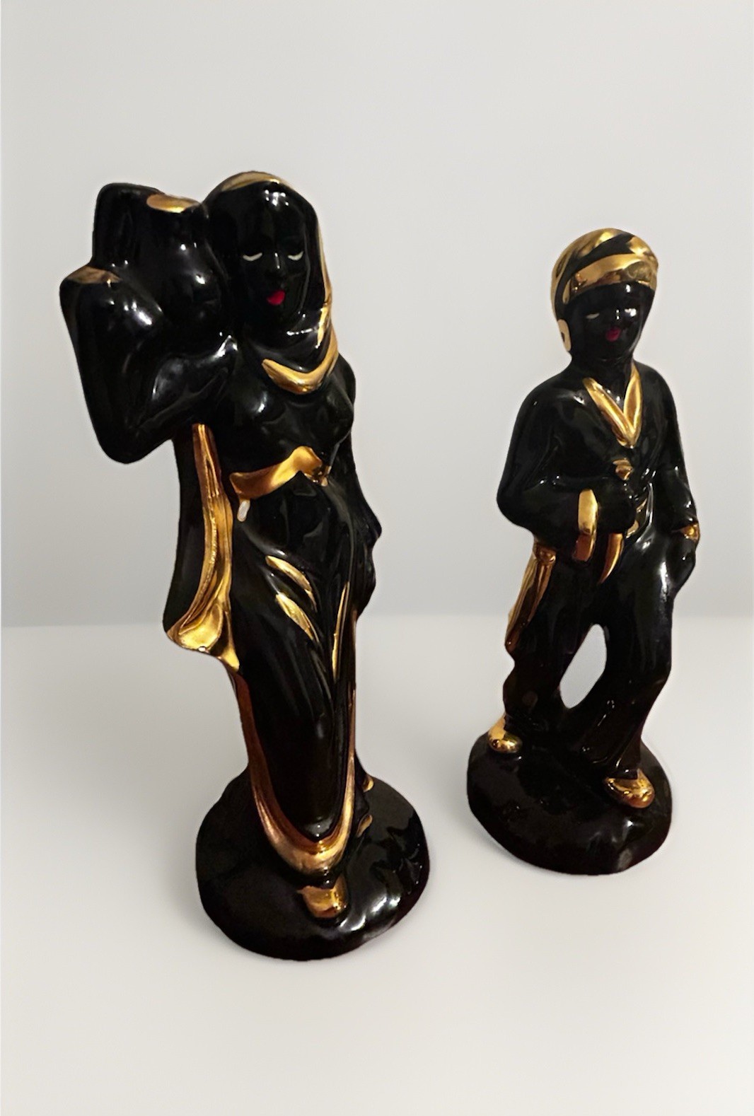 MCM Blackamoor Pottery Figurines Arabian Male Female Black Gold Ceramic Set