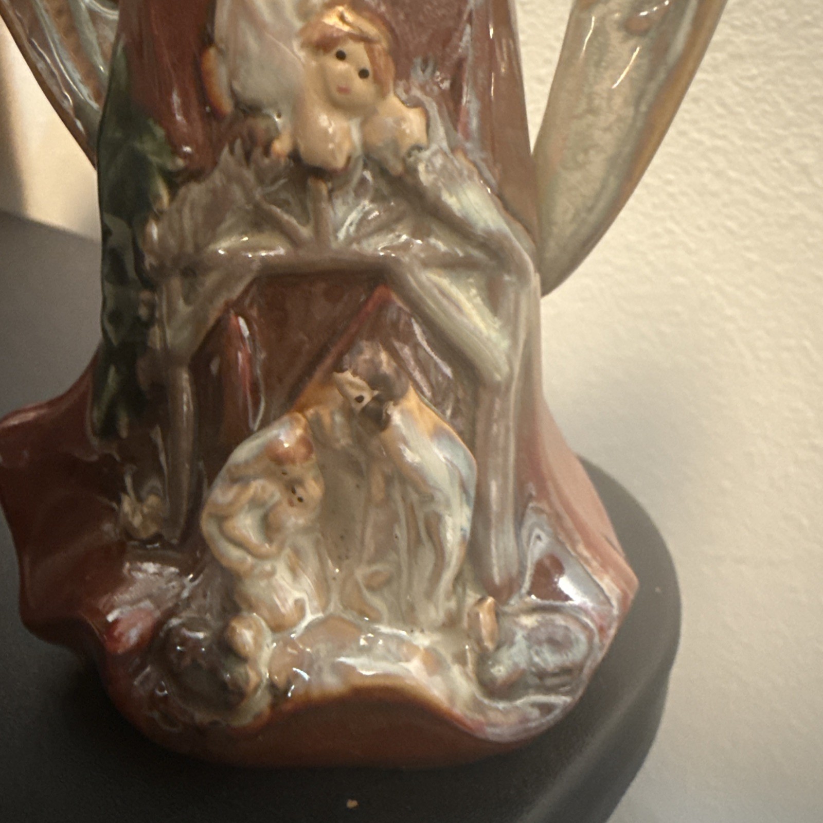 Vintage Ceramic Figurine Angel w Nativity Scene at Her Feet 7”