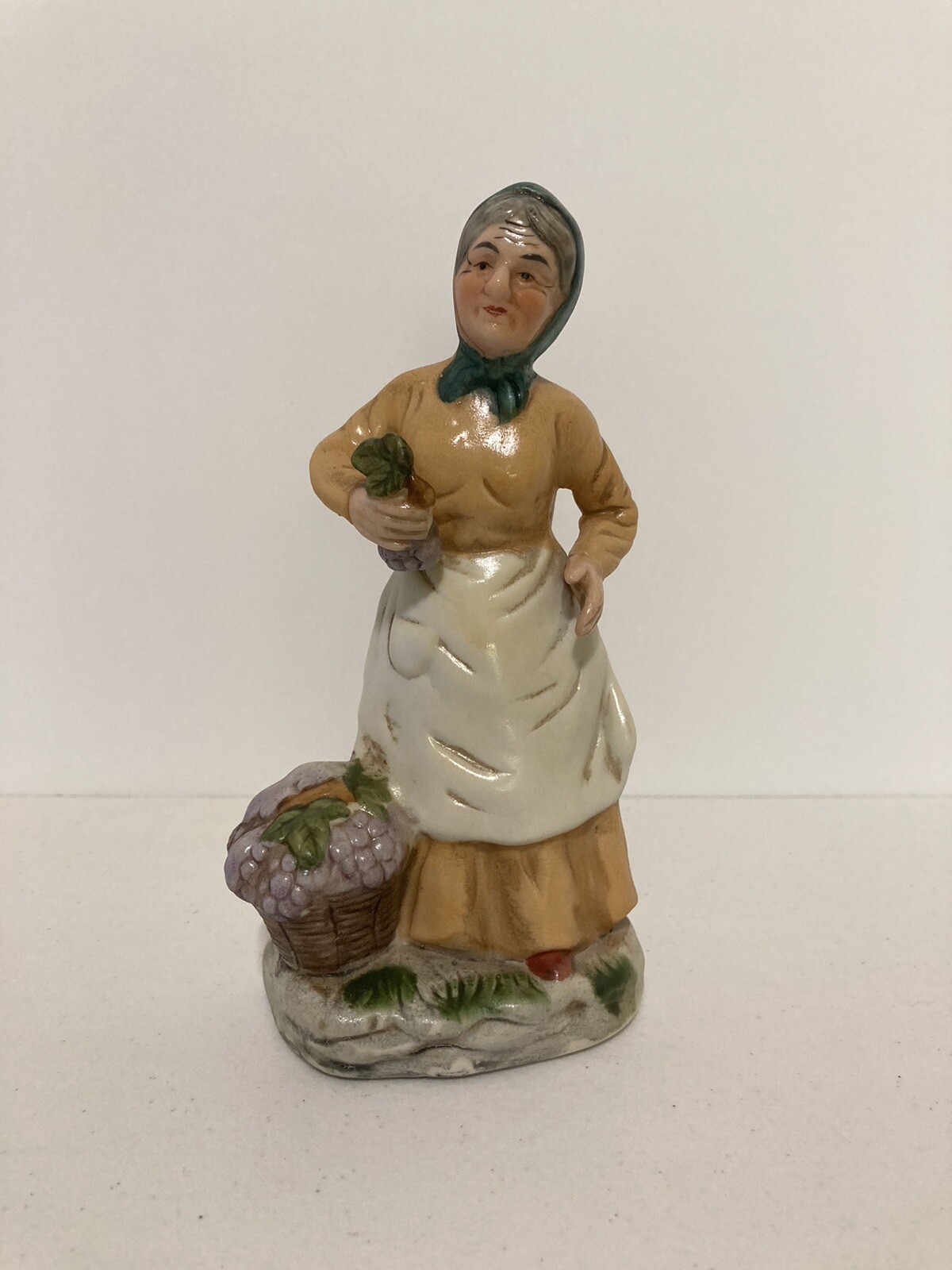 Vintage Ceramic Statue Old Woman Grapes About 6 Inches Tall