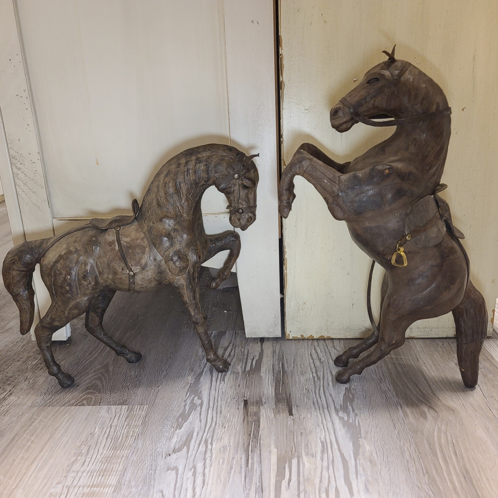 Lot Of 2 Large Leather Wrapped Horses Statues Equestrian