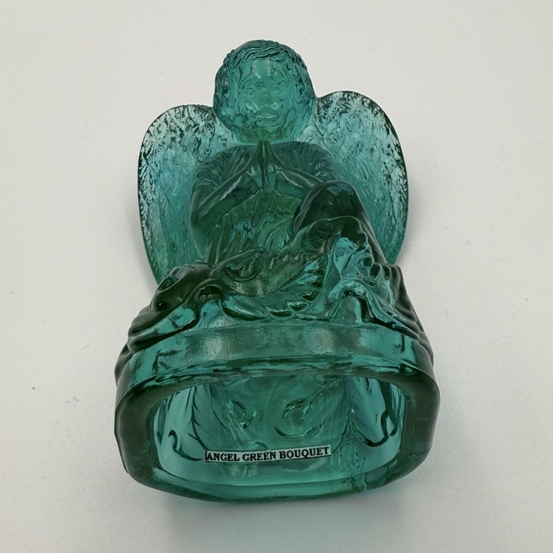 Vintage Boyd’s Crystal Art Glass Praying Angel Figurine Teal Green Bouquet