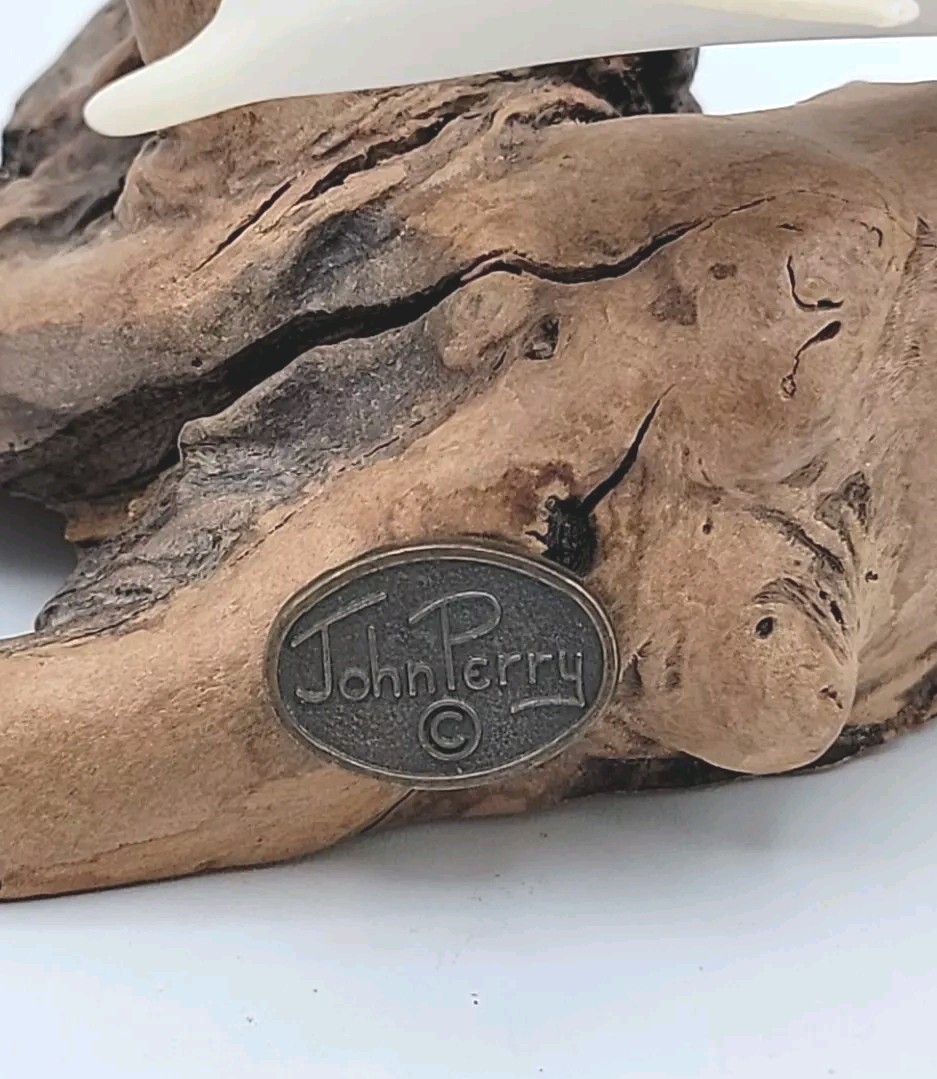 John Perry 2 White Dolphin Figurines On Burl Driftwood Sculpture Signed